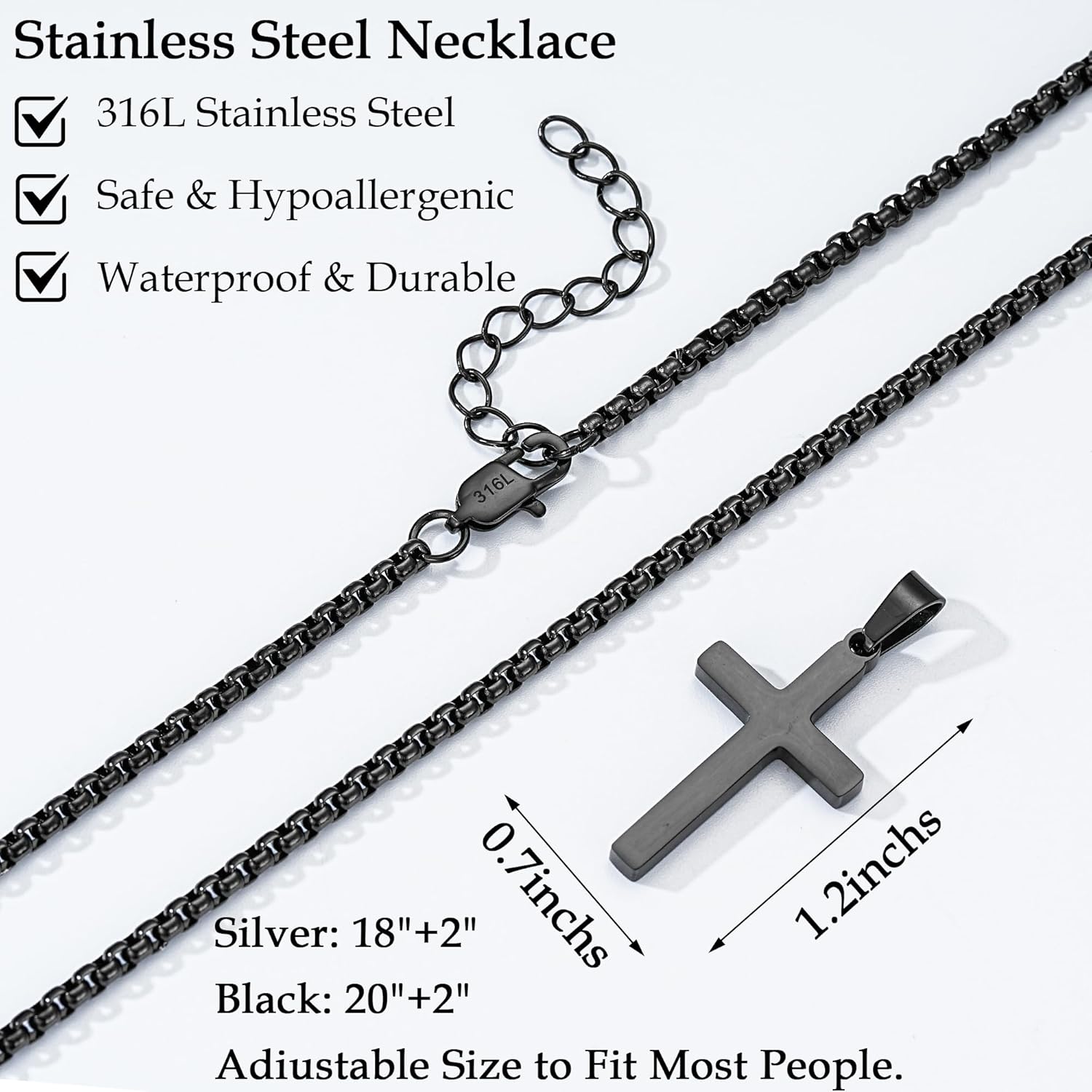 Thumbnail 2 de Esrael 2-Pack 316L Stainless Steel Cross Chain Necklaces (Silver & Black)