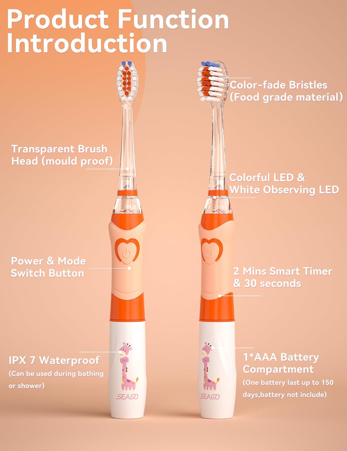 Detalle de SEAGO Kids Electric Toothbrush with Timer, Rainbow LED, and 4 Brush Heads