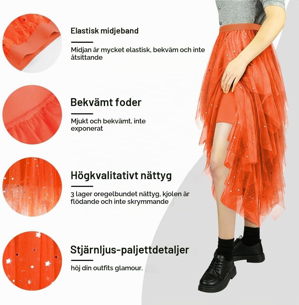 Detalle de AUYAO damtyllkjol i polyester mesh med elastisk midja och oregelbunden fåll