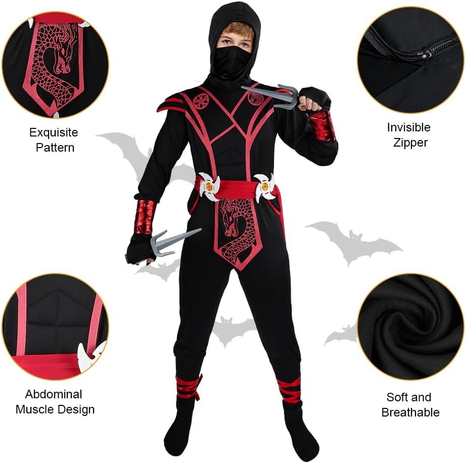 Thumbnail 4 de BSBUY Ninja Costume per bambini: set vestito ninja rosso con accessori