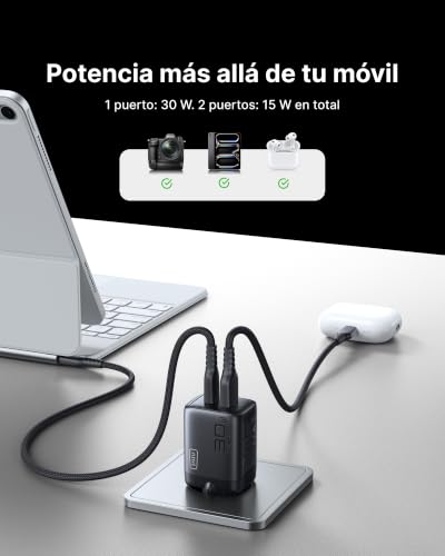 Thumbnail 1 de INIU Cargador USB-C 30W GaN con 2 puertos y cable 60W | Carga rápida para iPhone 16 y MacBook Air