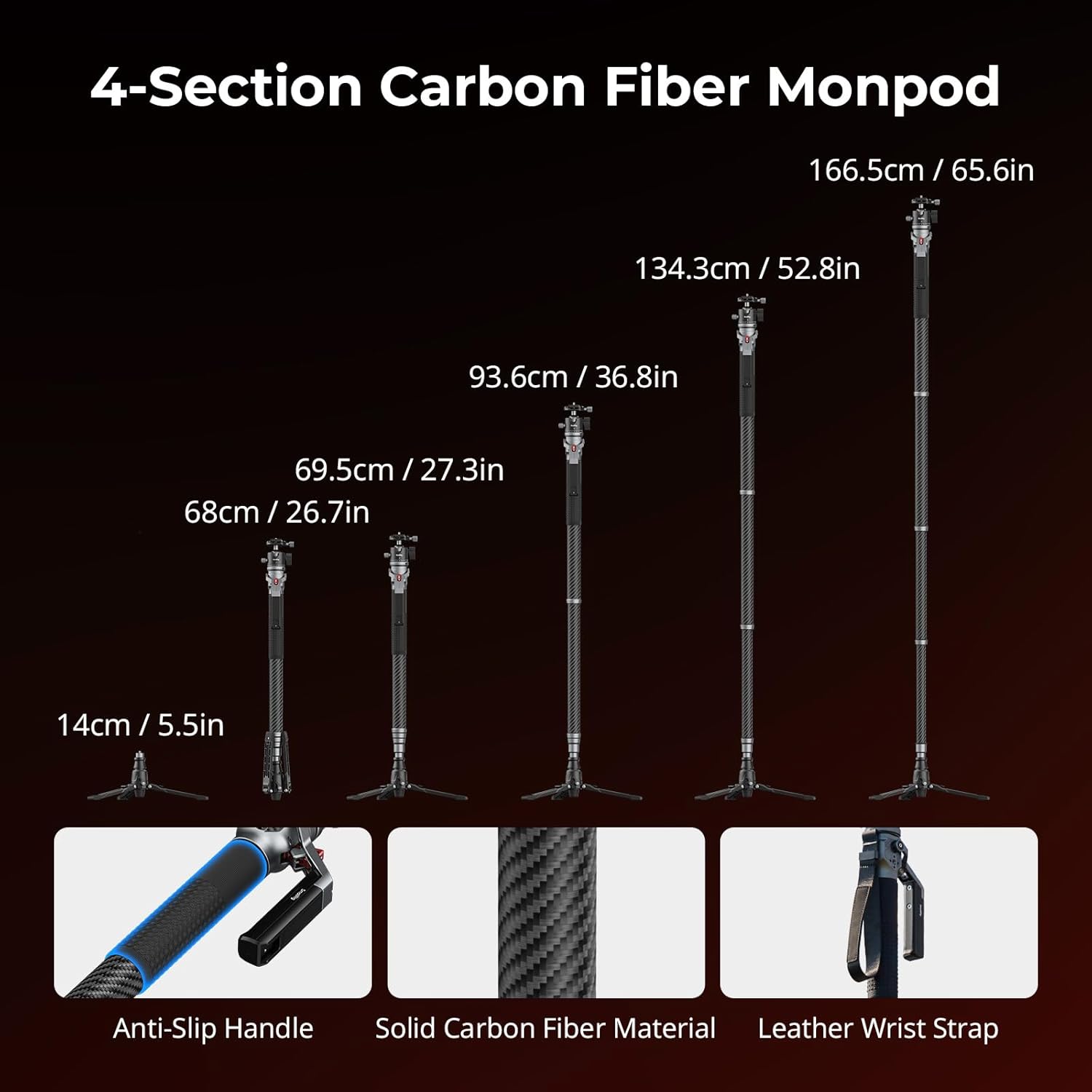 Detalle de SmallRig Monopiede in fibra di carbonio 166,5 cm (65,6") per fotocamera – modello 5564