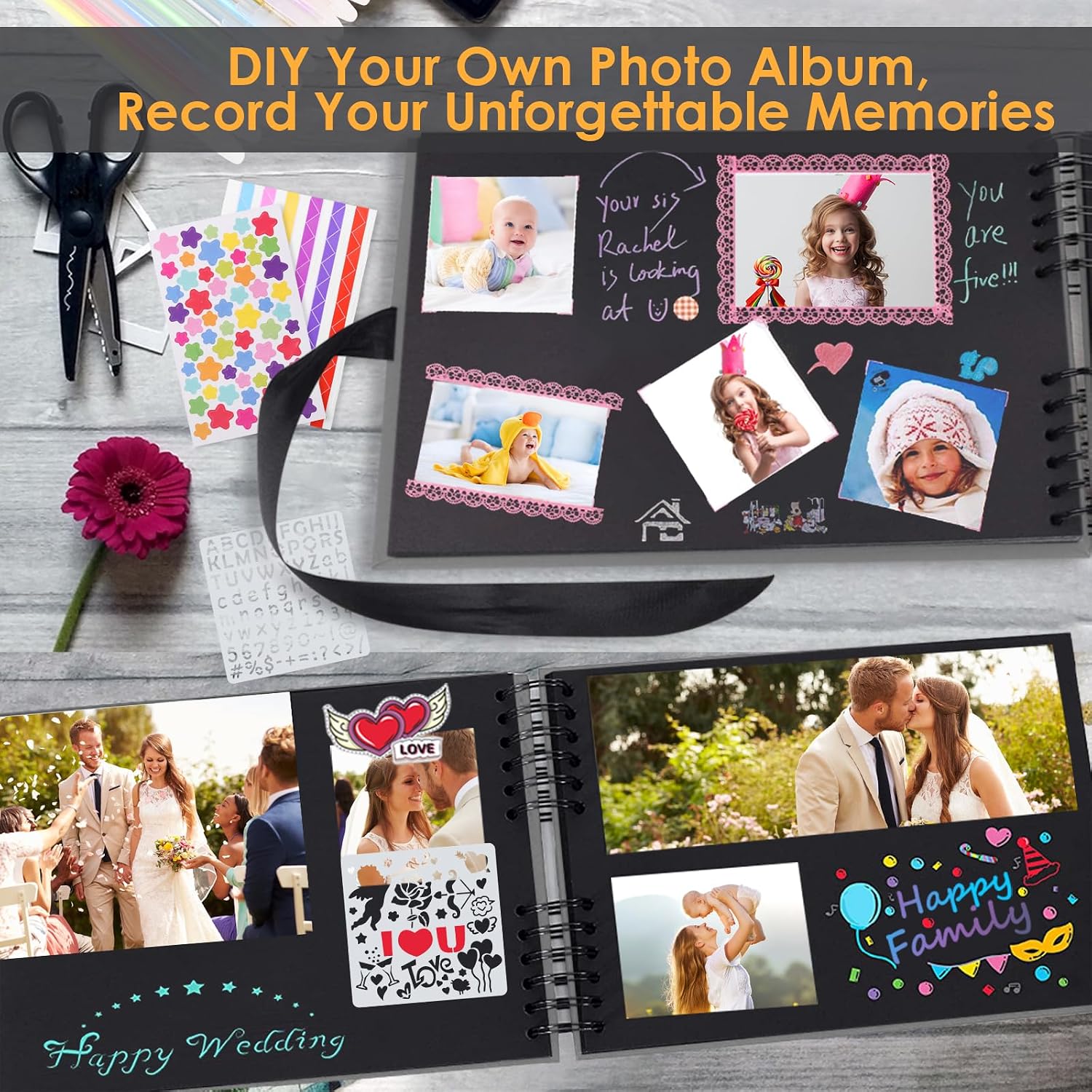 Detalle 1 de DIY Fotoalbum Scrapbooking 80 schwarze Seiten