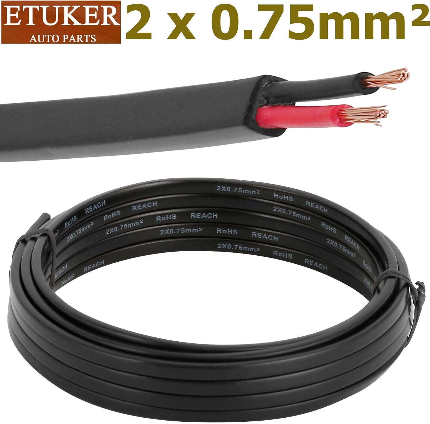 Detalle de ETUKER Fahrzeugkabel 2-adrig 5 m, 2x0,75 mm² – Anhänger- und Fahrzeugleitung