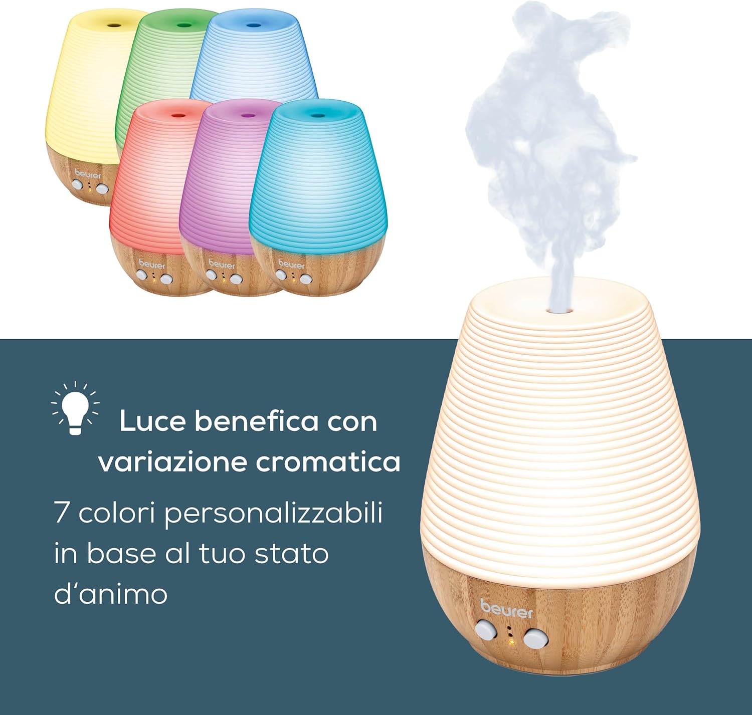 Detalle de Beurer LA 40: diffusore aromatico ultrasuoni con LED colorato in bambù e porcellana