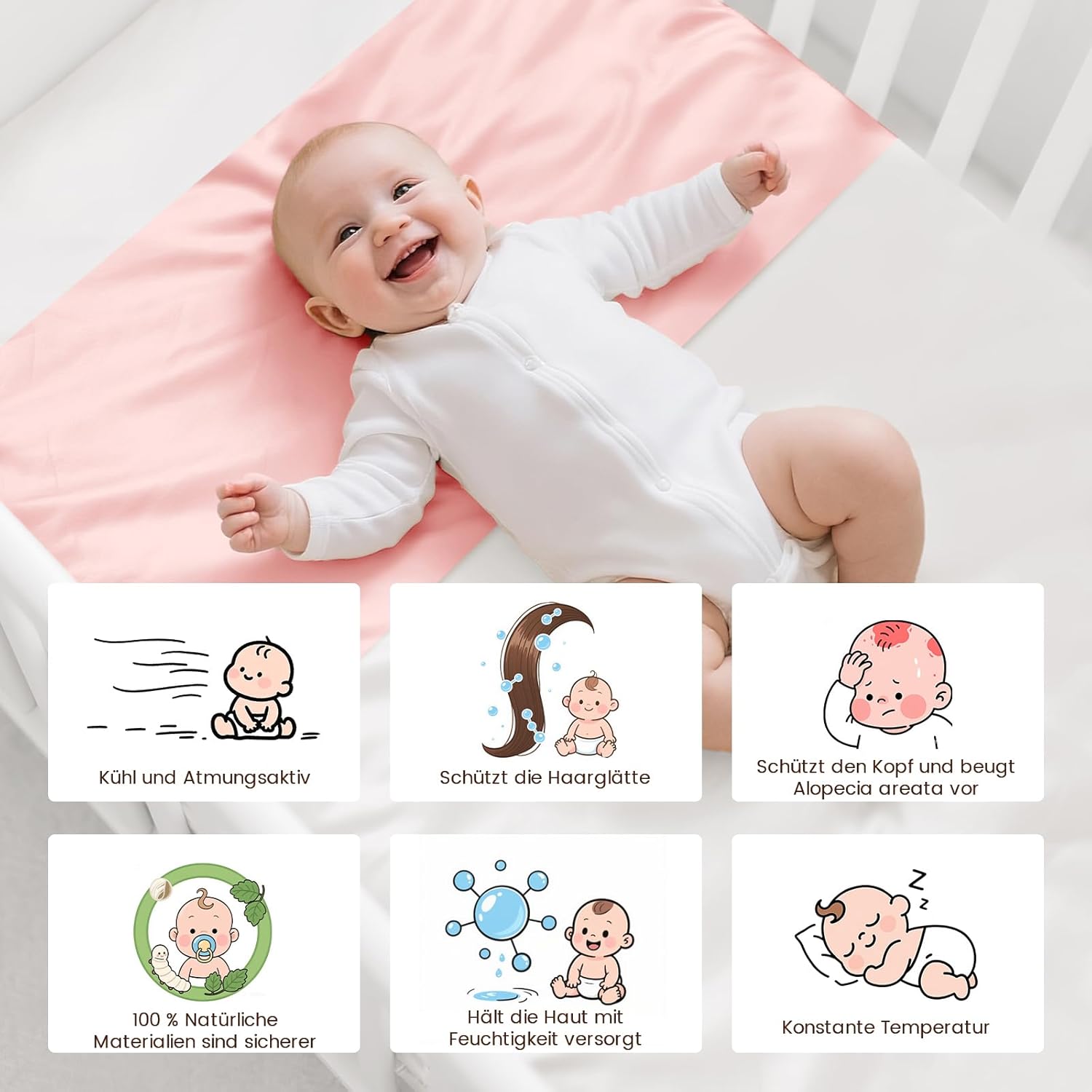 Thumbnail 2 de THXSILK Spannbettlaken für Baby – 100% Maulbeerseide, elastischer Klettverschluss, Rosa 52x105 cm