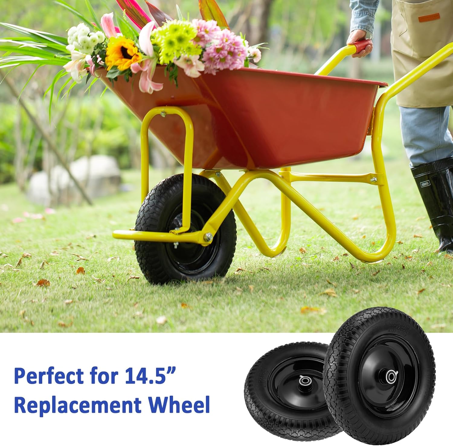 Detalle de 4.80/4.00-8" Flat Free Wheelbarrow Tire with 14.5" Wheel, Universal Hub (3" Center, 3/4" & 5/8" Bearings) — Solid Polyurethane, 300 lb Capacity