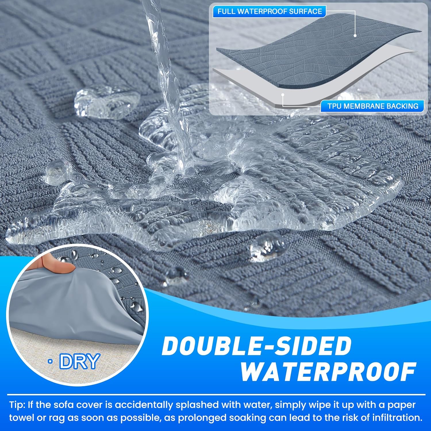 Thumbnail 3 de Ystyle housse de canapé imperméable 3 places avec accoudoirs, bleu gris