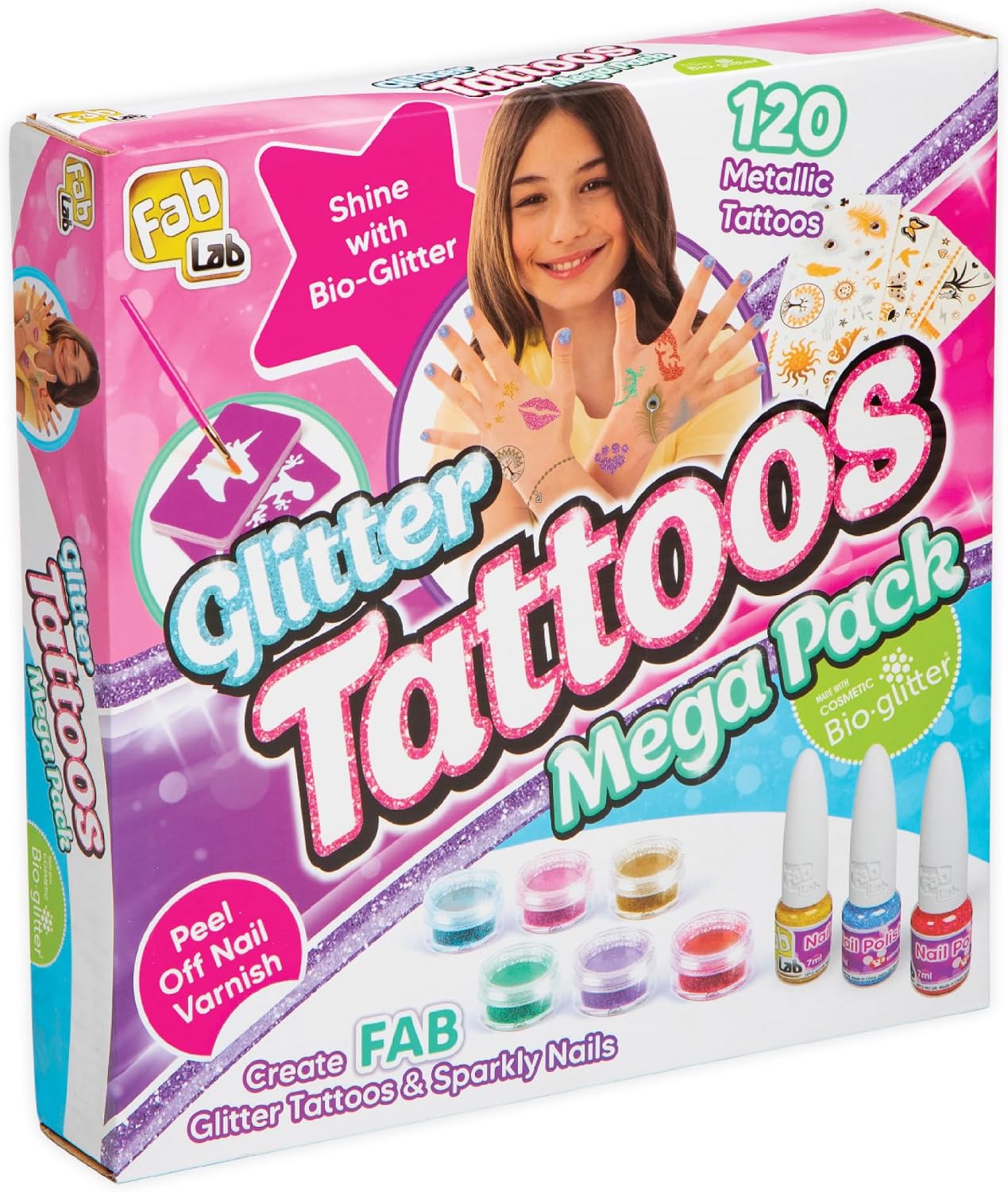 Detalle de FabLab Glitter Tattoos Mega Pack: 28 Stencils and 120 Metallic Tattoos for Sparkly Kids Fun