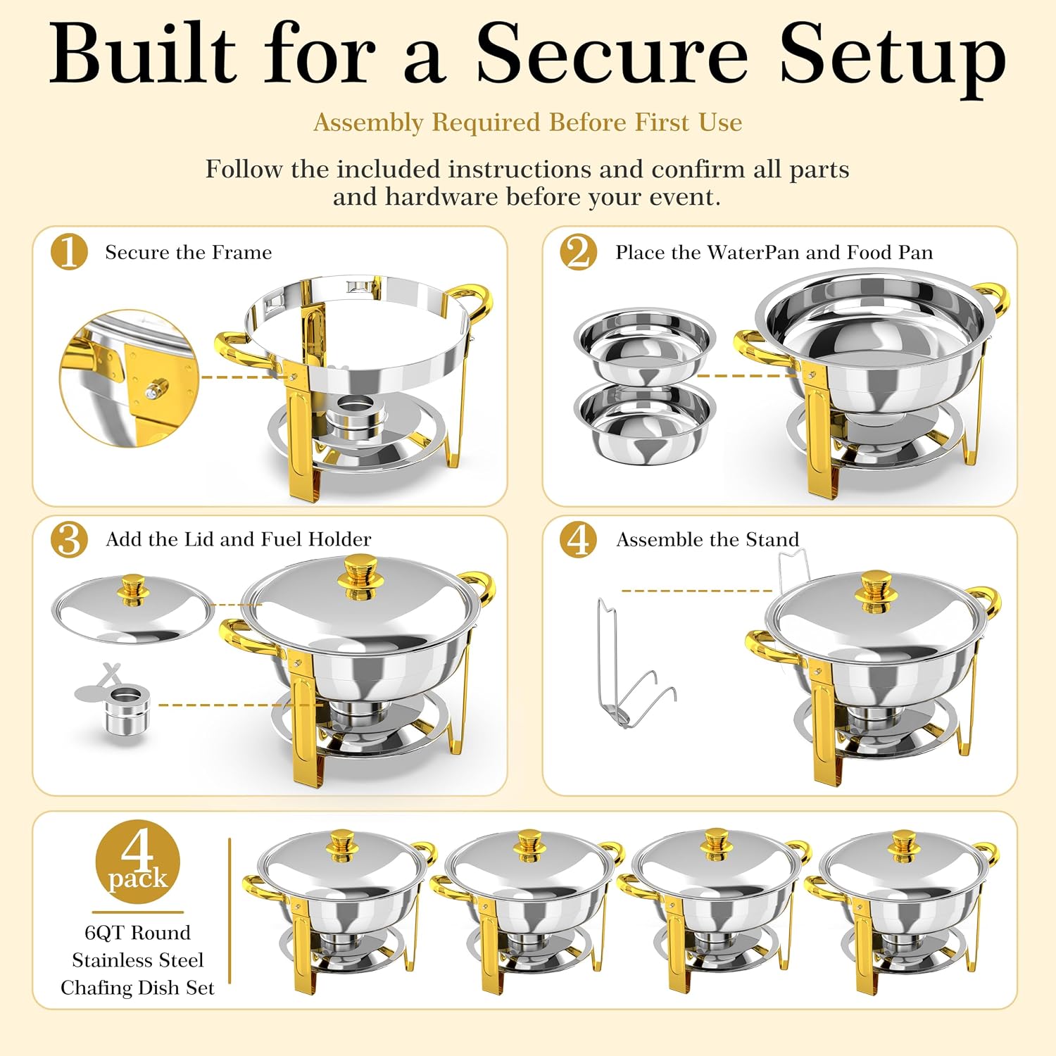 Thumbnail 6 de Chafing Dishes for Buffet 4 Pack - 6QT Round Stainless Steel with Elegant Gold & Silver Accents