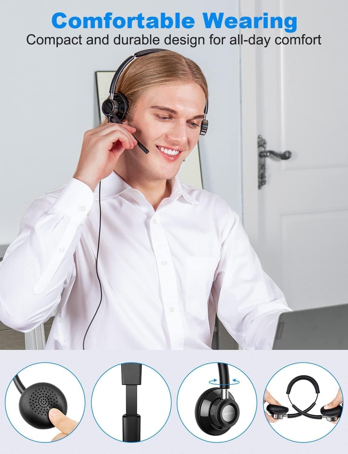 Detalle 2 de New Bee USB Headset with Microphone (H361) – Comfort USB PC Headset for Calls and Online Learning