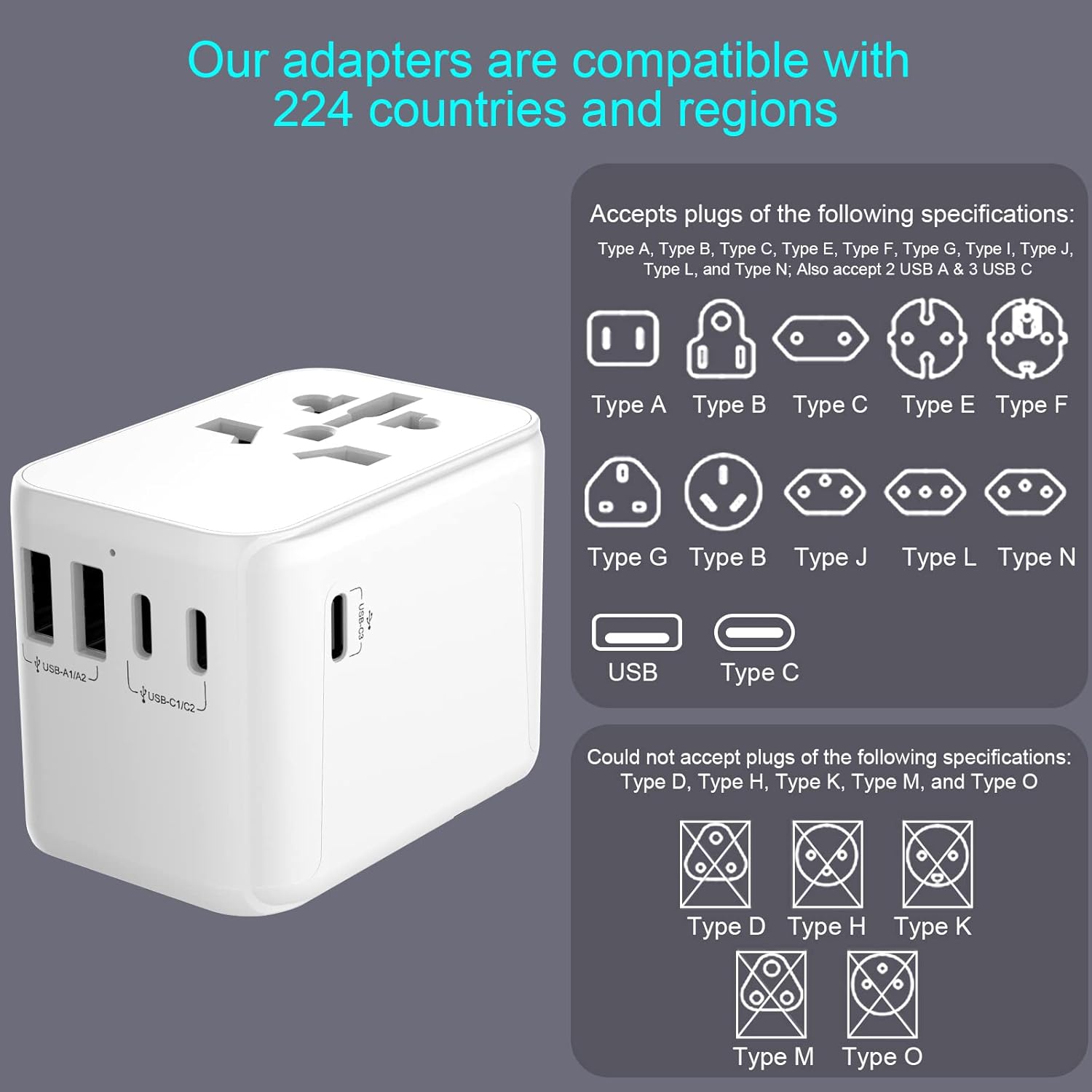 Thumbnail 4 de Diswoe Universal Travel Adapter: All-in-One World Plug with 2 USB A and 3 USB C Ports