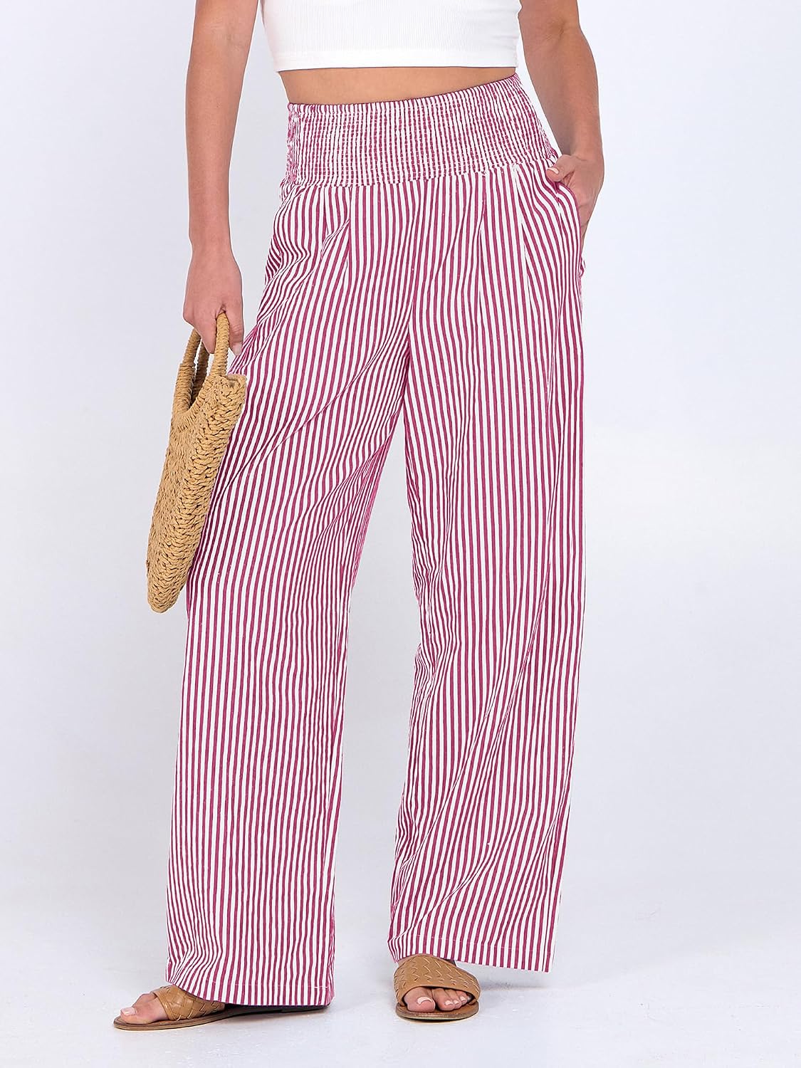 Detalle de ANRABESS Womens Striped Gingham Palazzo Pants: Soft, Breathable Wide-Leg Pajama & Lounge Pants with Pockets