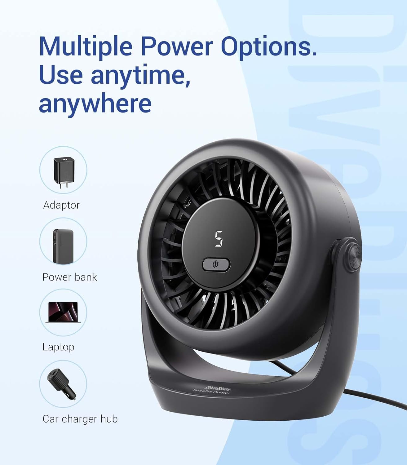 Detalle 2 de Diveblues USB Desk Turbo Fan (TurboBreeze) – Ultra-Quiet, 5-Speed Portable Desk Fan with 360° Rotation
