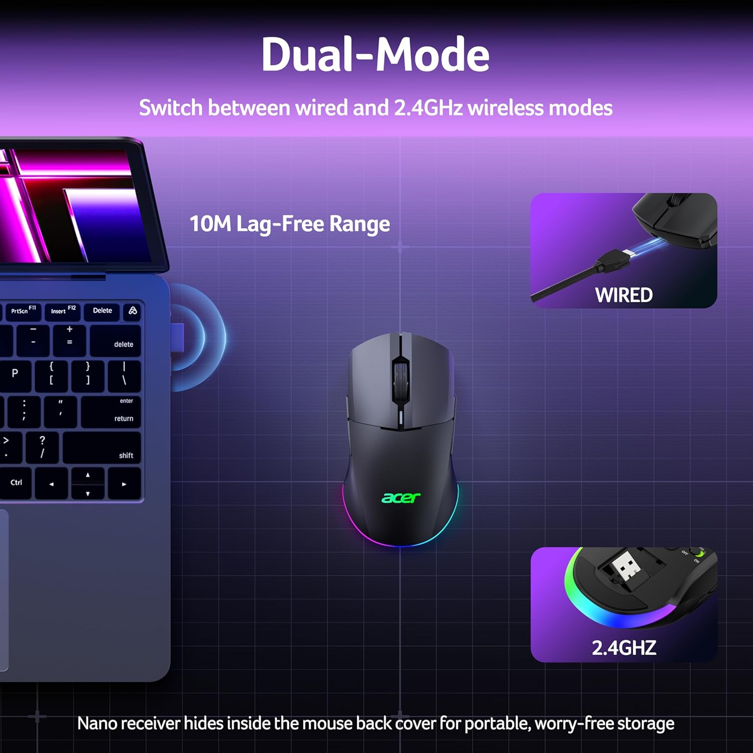 Detalle de Acer Wireless Gaming Mouse for Laptop — 24,000 DPI, Ambidextrous, 8 Programmable Buttons