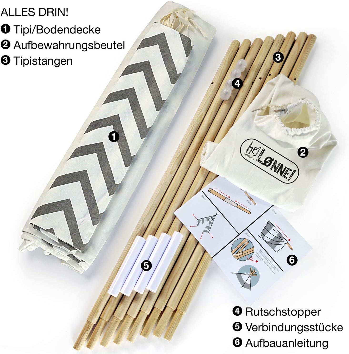 Detalle de p:os Hej Lønne - Tenda Tipi Bianca con punte grigie per bambini