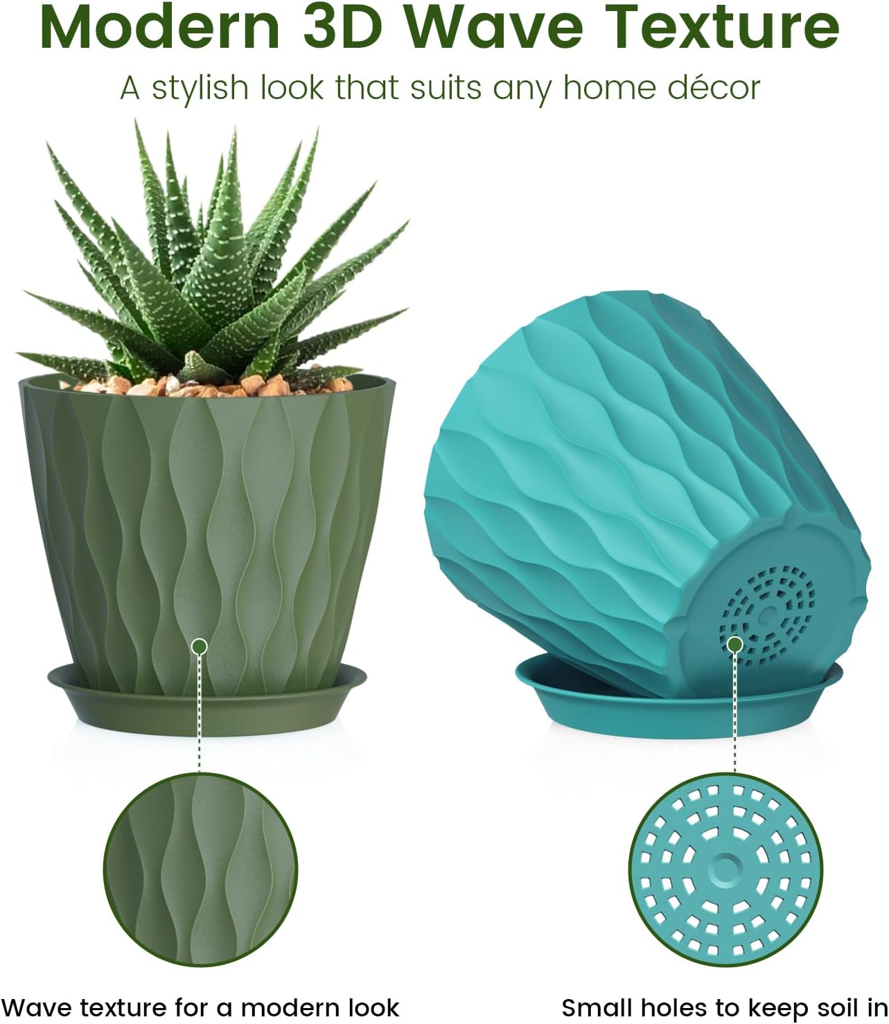 Thumbnail 2 de WSMKSZ 20 cm Wave Texture Plant Pots (5-Pack) with Drainage Holes & Saucers