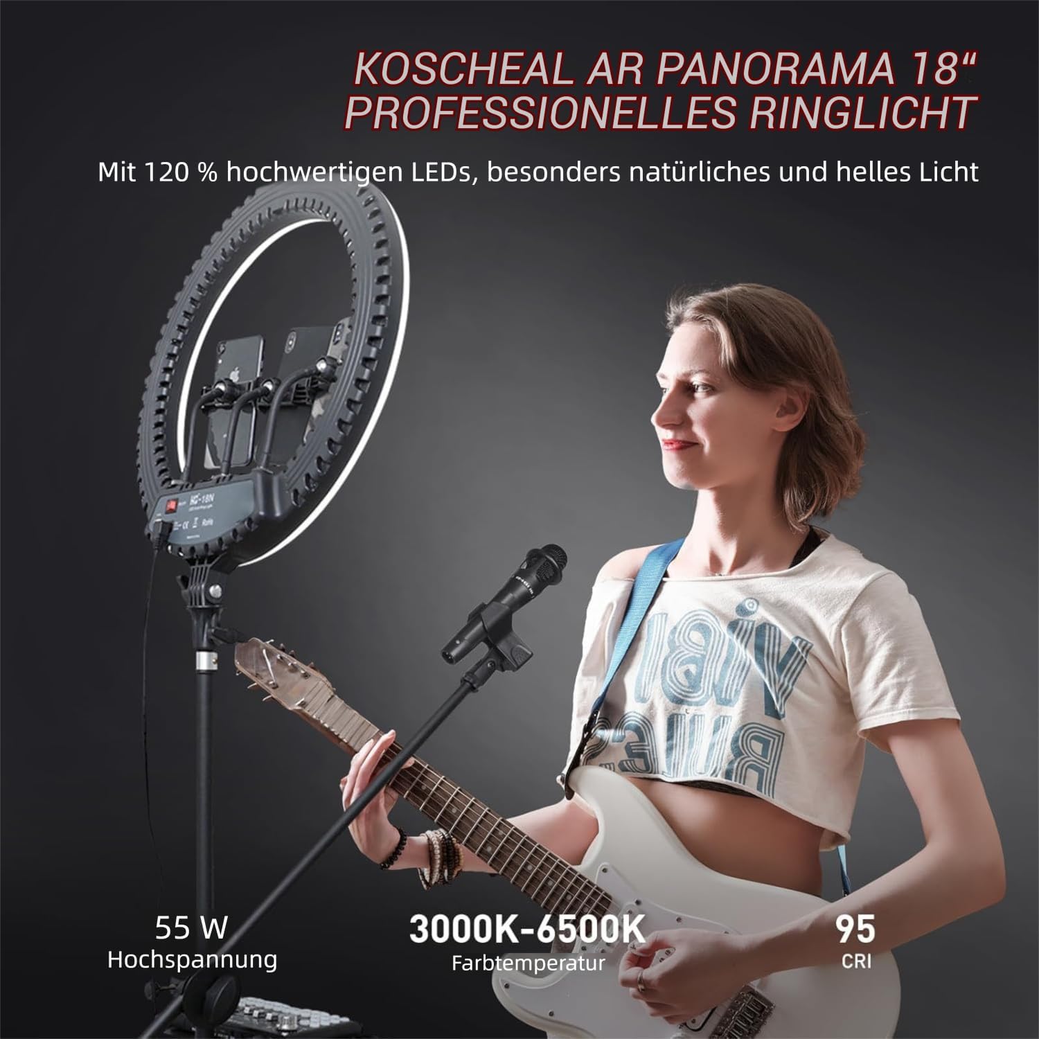 Detalle de KOSCHEAL 18 Zoll Ringlicht mit Ständer – 3000–6500K, einstellbare Helligkeit, Mikrofon- und Soundkartenhalter