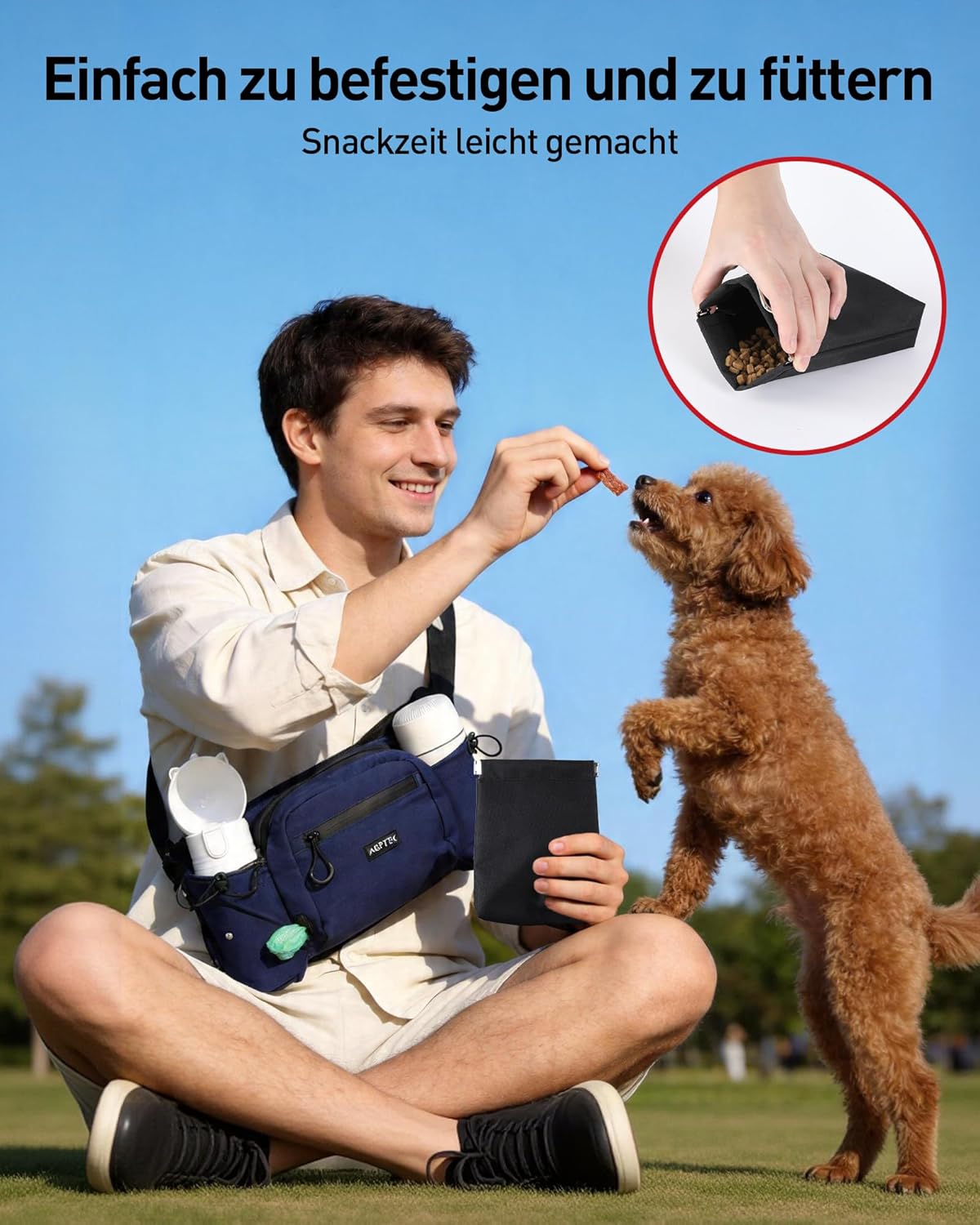 Detalle de AGPTEK Bauchtasche für Hunde mit Leckerli-Tasche, Kotbeutel-Spender und ausziehbaren Flaschenhaltern – Blau