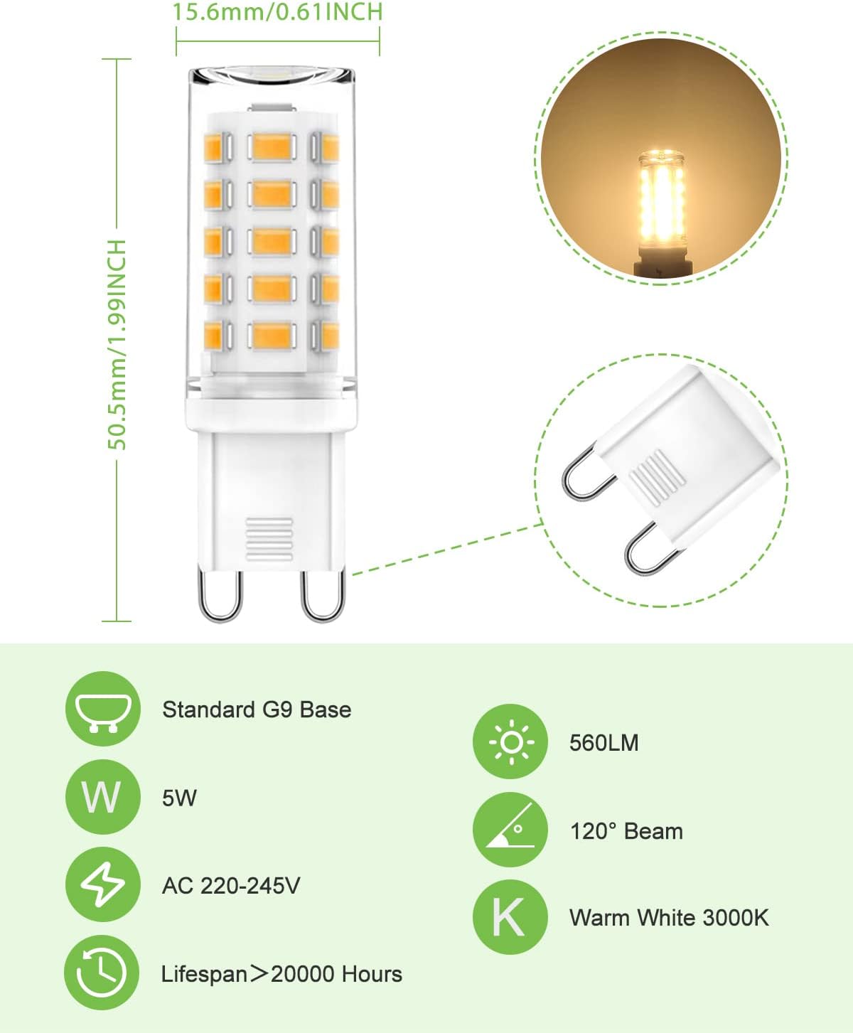 Detalle de G9 LED Bulb Warm White 3000K, 5W 560lm Capsule (Non-Dimmable) – 6 Pack