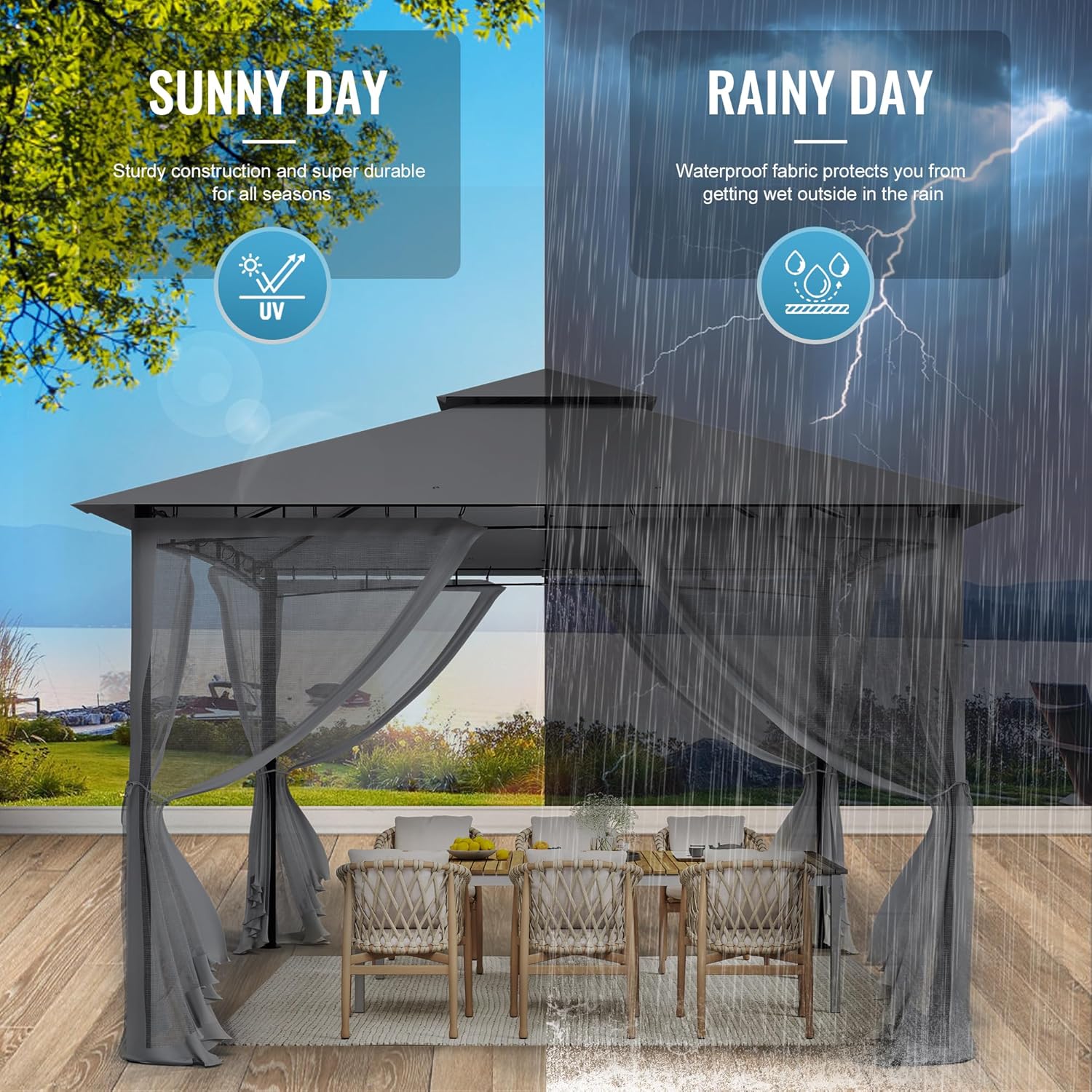 Thumbnail 5 de UDPATIO Tonnelle de jardin extérieure 2,8x2,8 m double toiture avec moustiquaire – gris