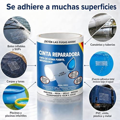 Detalle de ATG Kit reparación piscina bajo el agua: cinta adhesiva impermeable 10×150 cm para parches transparentes