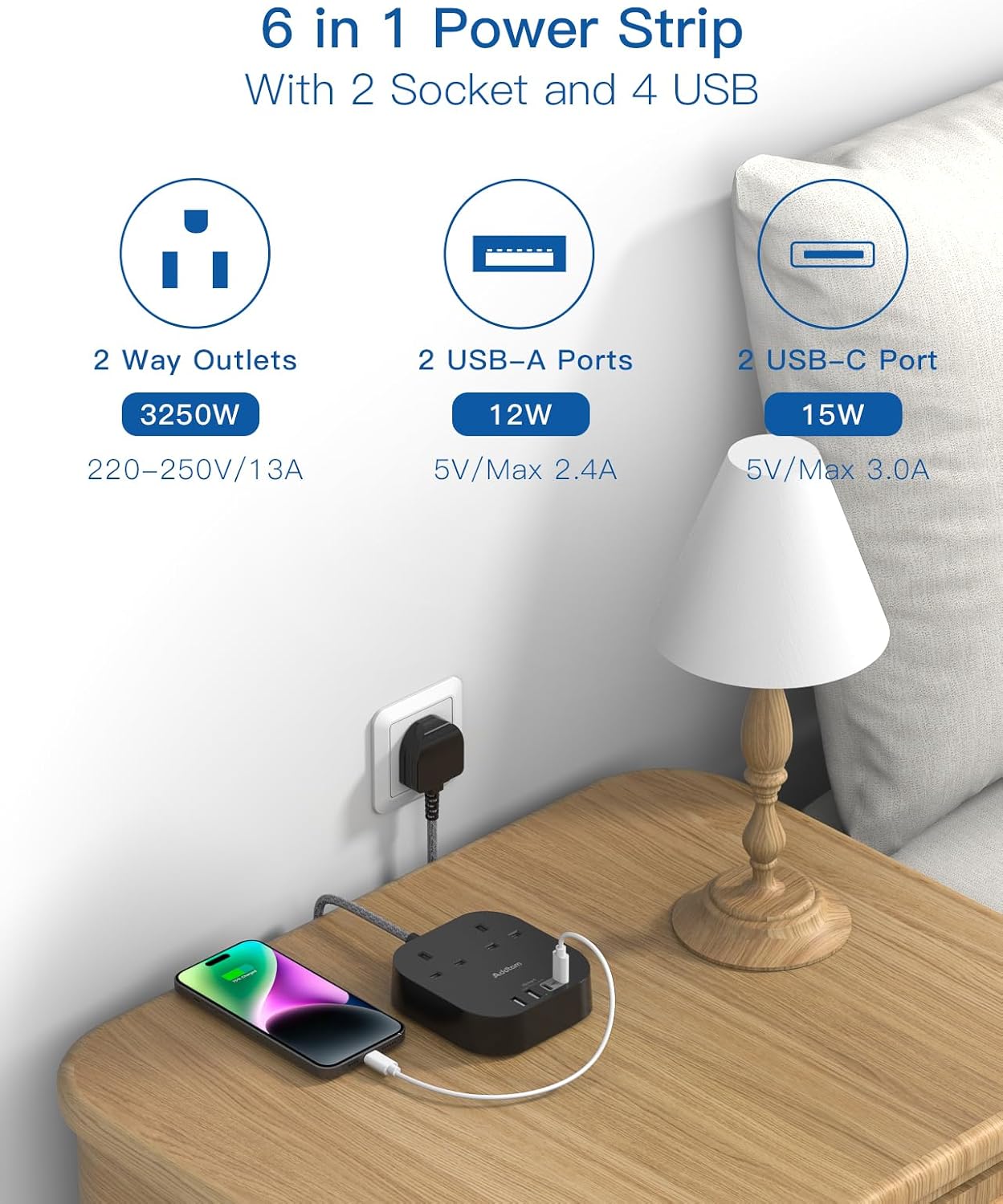 Detalle 2 de Extension Lead Power Strip 1.6m with 4 Ports 🪫