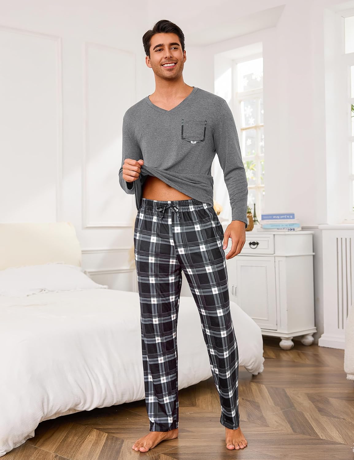 Detalle de Uniexcosm Pyjama Homme Hiver en coton – Ensemble à carreaux, manches longues