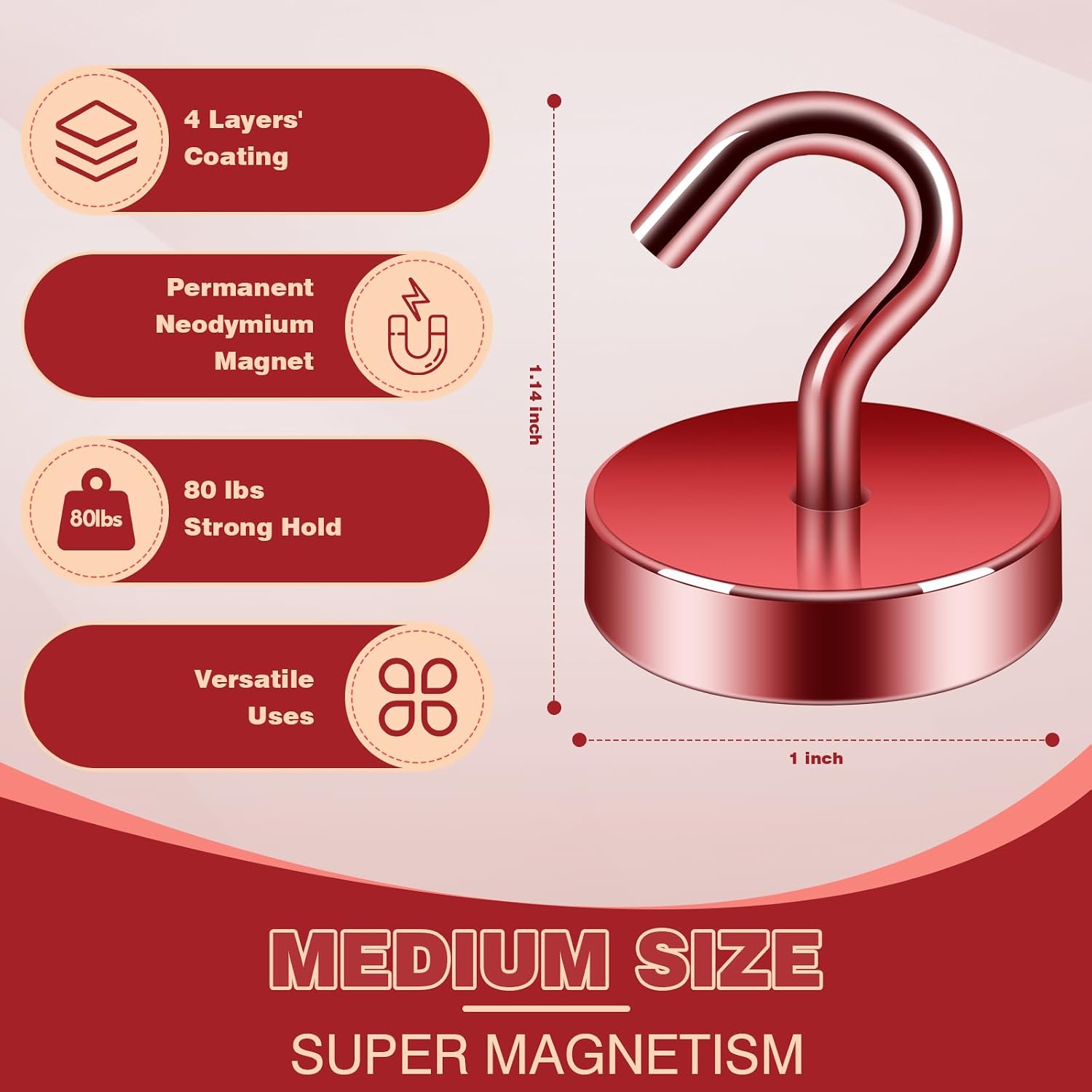 Detalle de Neosmuk NPM26x10Red20240918 Magnetic Hooks, Red Steel, 10-Pack
