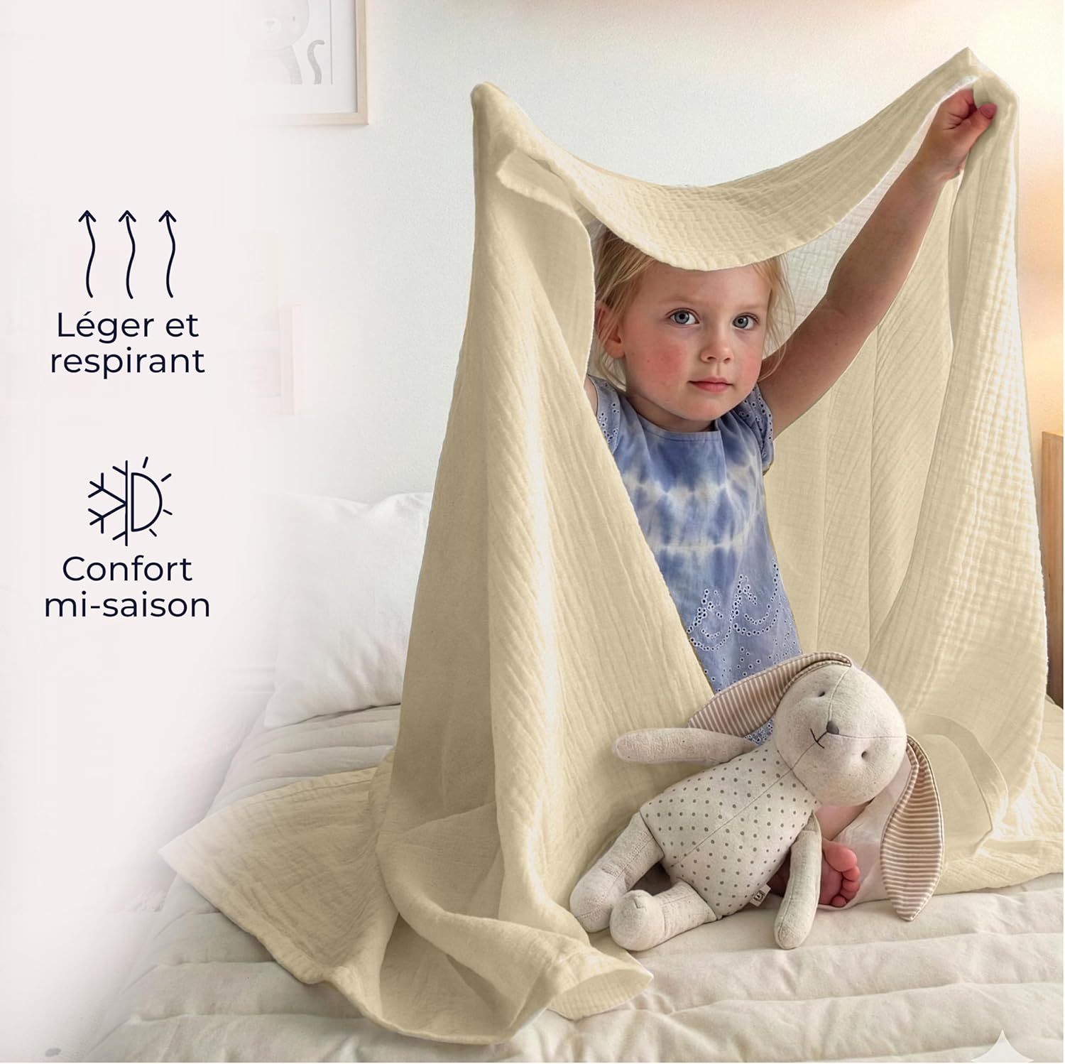 Thumbnail 4 de Dreamzie Couverture en mousseline 100% coton 4 couches 220x240 cm (beige) – légère, respirante, Oeko-Tex