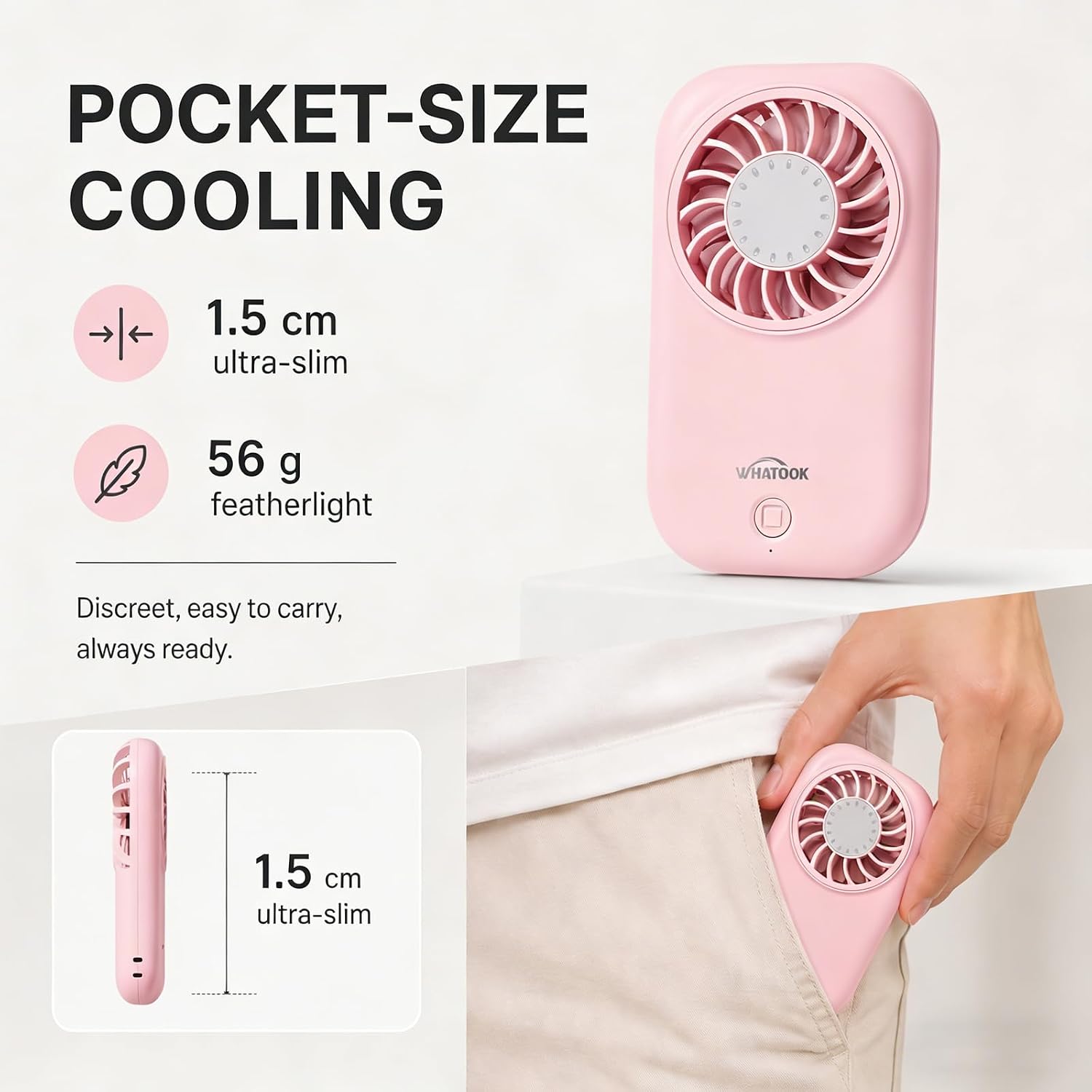 Detalle de WHATOOK X30 mini-handventilator, 5 snelheden, USB-C, 56 g, roze