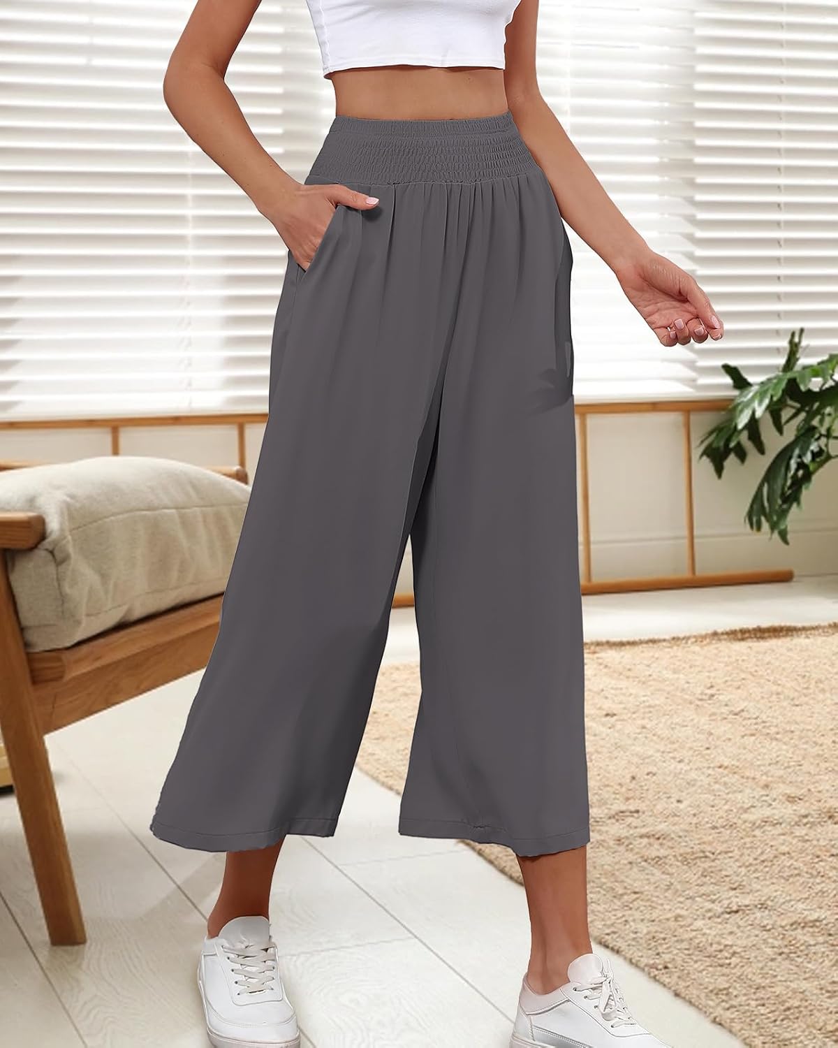 Detalle de HMIYA Damen 3/4 Culotte Hose – Leichte Weites Bein Sommerhose