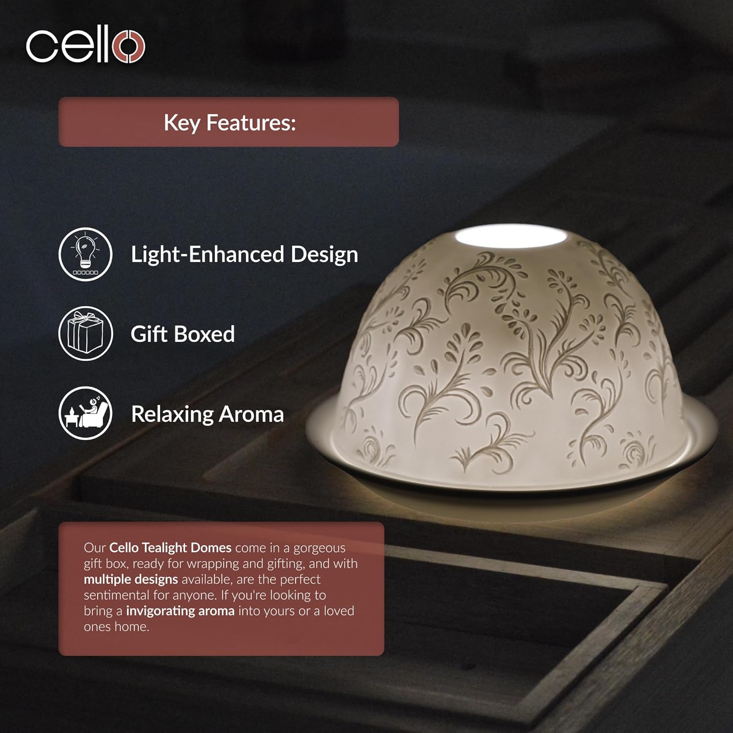 Thumbnail 4 de Cello Porcelain Tealight Holder Dome with Swirl Pattern 3D Projection