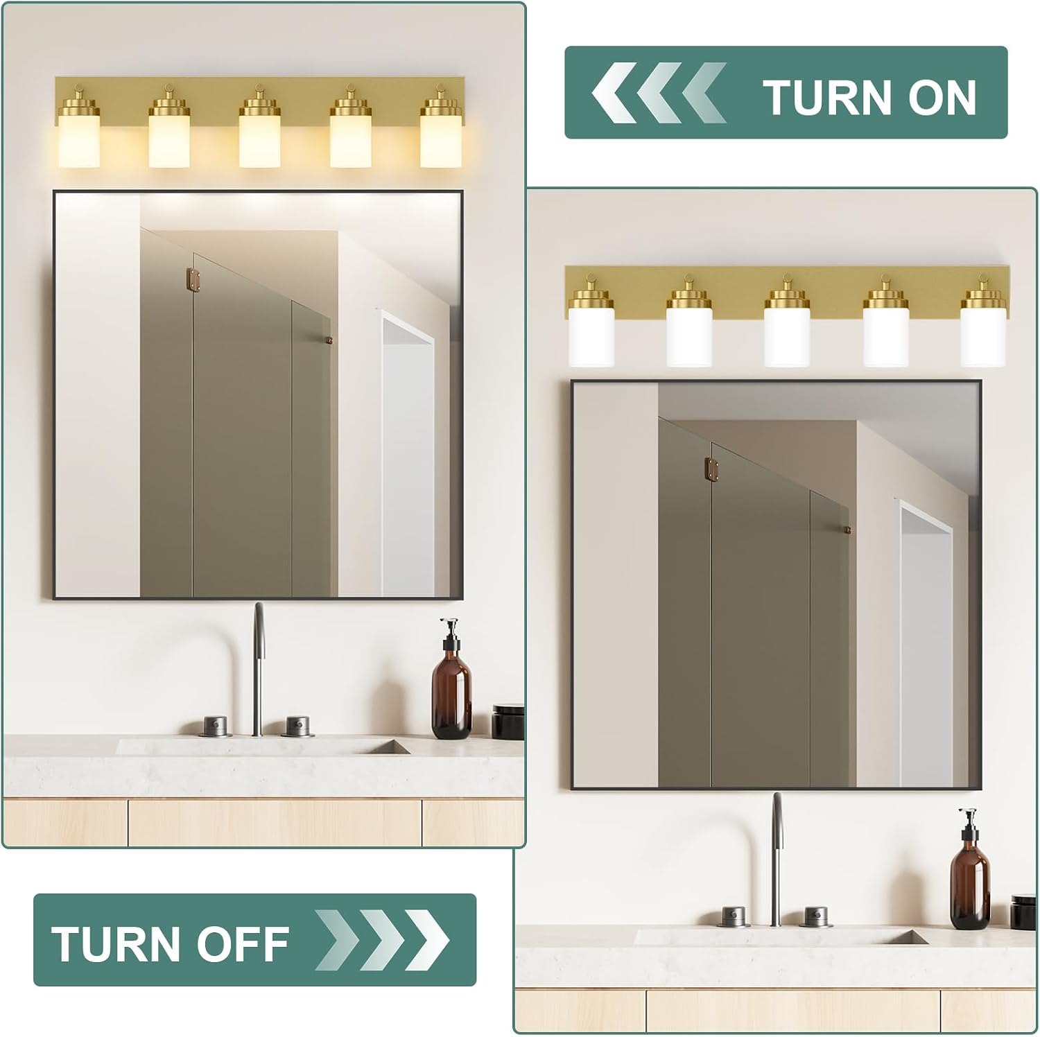 Thumbnail 5 de IZORRO HL101-5T-GD-WT 5-Light Bathroom Vanity Light, Brushed Gold