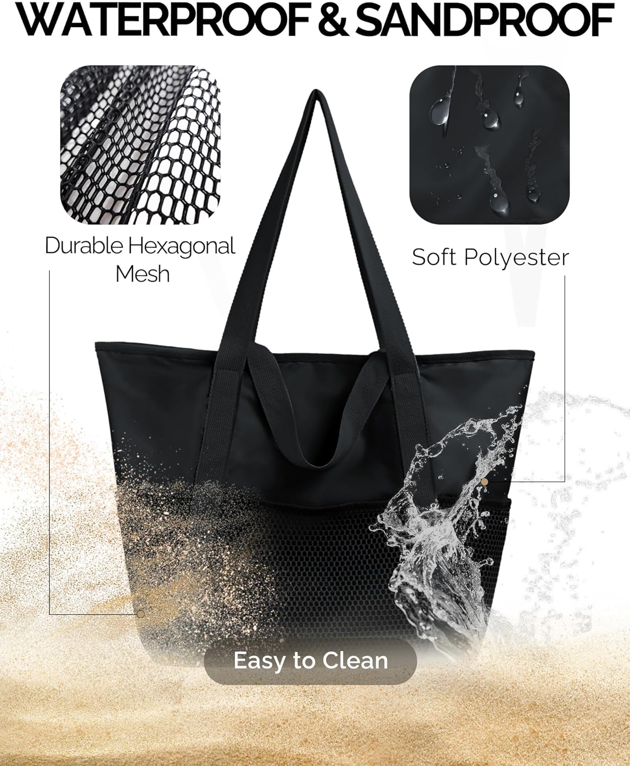 Detalle de HOMESPON Beach Tote Bag for Women with Zip and Pockets - Large Waterproof Mesh Pool/Travel Tote