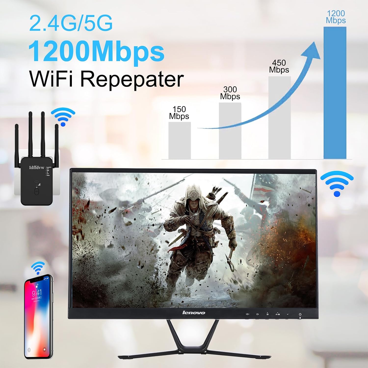 Detalle 2 de WLAN-Verstärker 1200 Mbit/s Dualband Repeater mit LAN-Anschluss und 4 externen Antennen