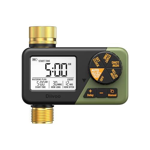 Detalle de Diivoo Programador de Riego con Entrada y Salida de Latón | IP66, Retraso por Lluvia y Riego Manual