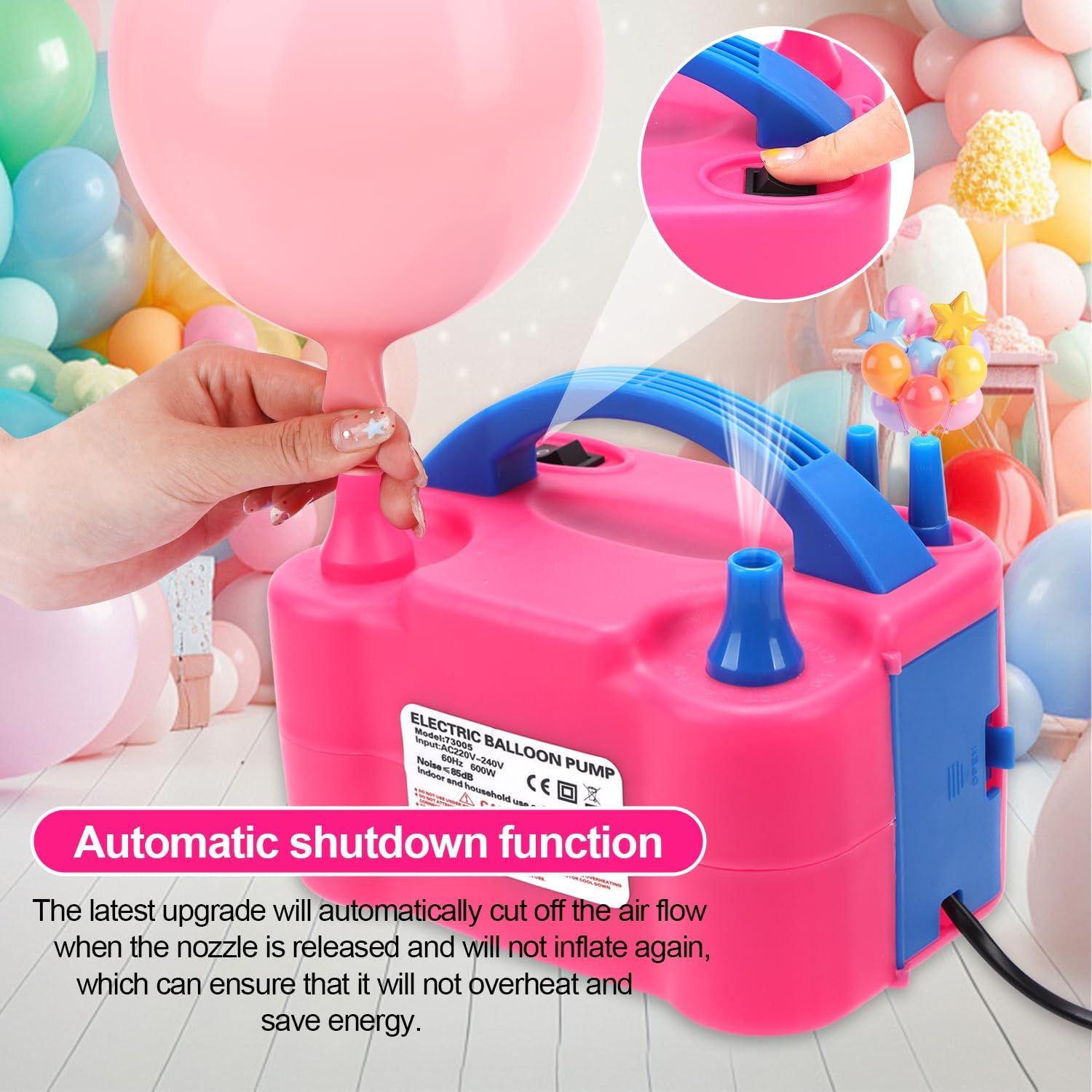 Detalle de BXBHU Electric Balloon Pump UK (600W) – Portable double nozzle inflator for party, weddings and birthdays