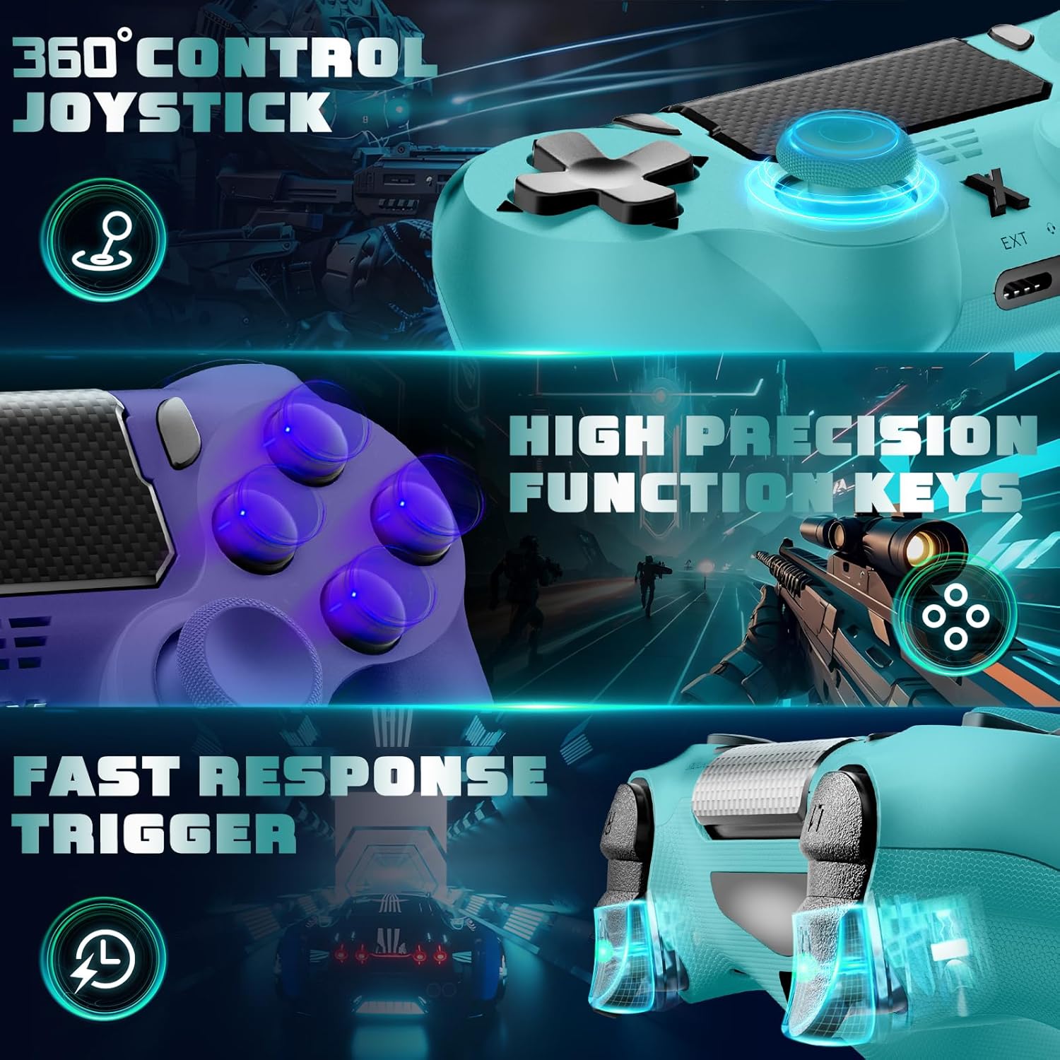 Detalle de Glitfix Wireless Controller für PS-4 – kabelloser Gamepad mit Turbo, Touchpad und Dual-Vibration (2er Set, Blau-Grün + Lila)