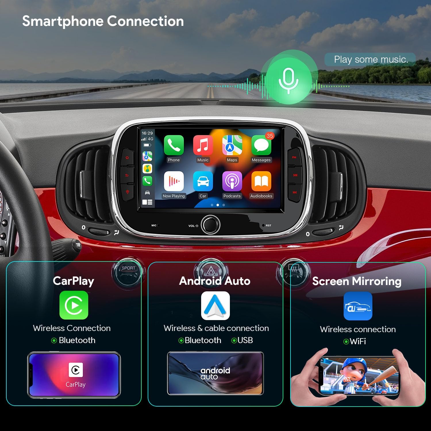 Detalle de XTRONS 7-inch car stereo for Fiat/Abarth 500 (2016–2020), Octa‑Core 4GB+128GB with GPS, CarPlay/Android Auto and 4G LTE