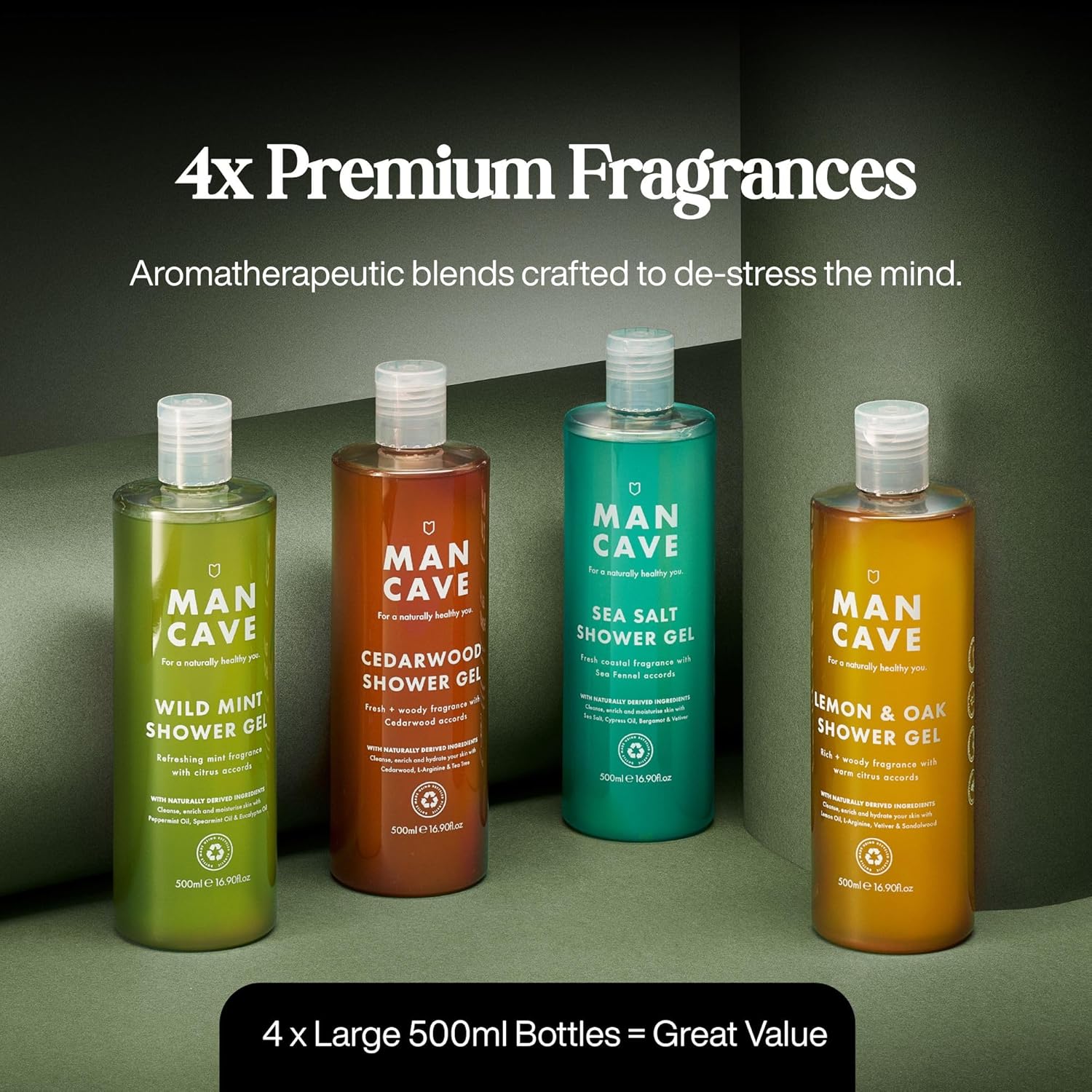 Thumbnail 1 de ManCave Coffret Cadeau Hommes – Lot Gel Douche 4x500 ml (Menthe, Citron et Chêne, Bois de Cèdre et Sel de Mer) – Vegan, Sans Sulfate, Made in England