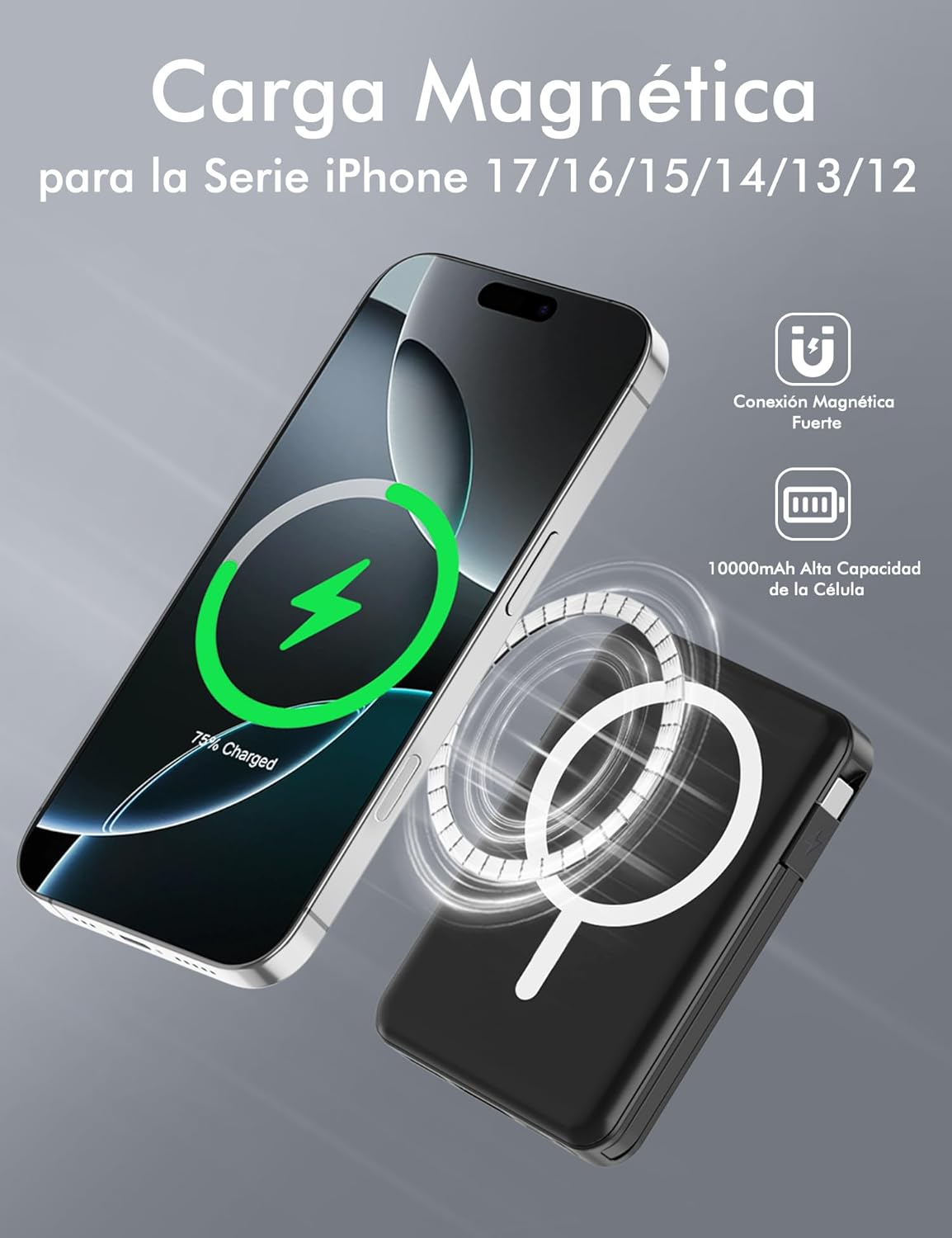 Detalle 2 de podoru powerbank Mag-Safe 10.000 mAh con carga magnética y USB-C PD de 20W (pantalla LED) para iPhone