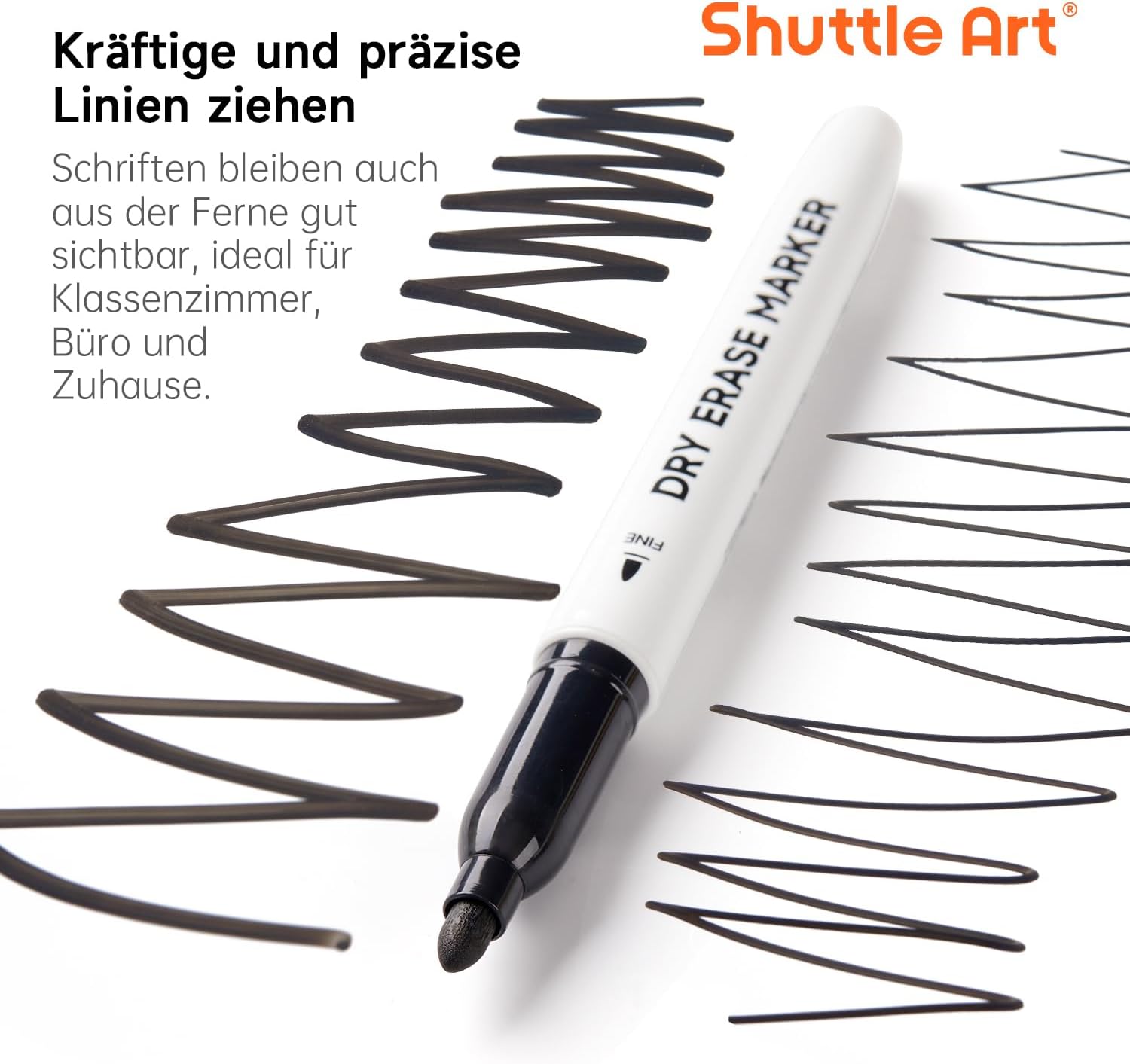 Thumbnail 1 de Shuttle Art Whiteboard Marker schwarz – Set mit 15 abwischbaren schwarzen Stiften, fein + magnetischer Kappenträger