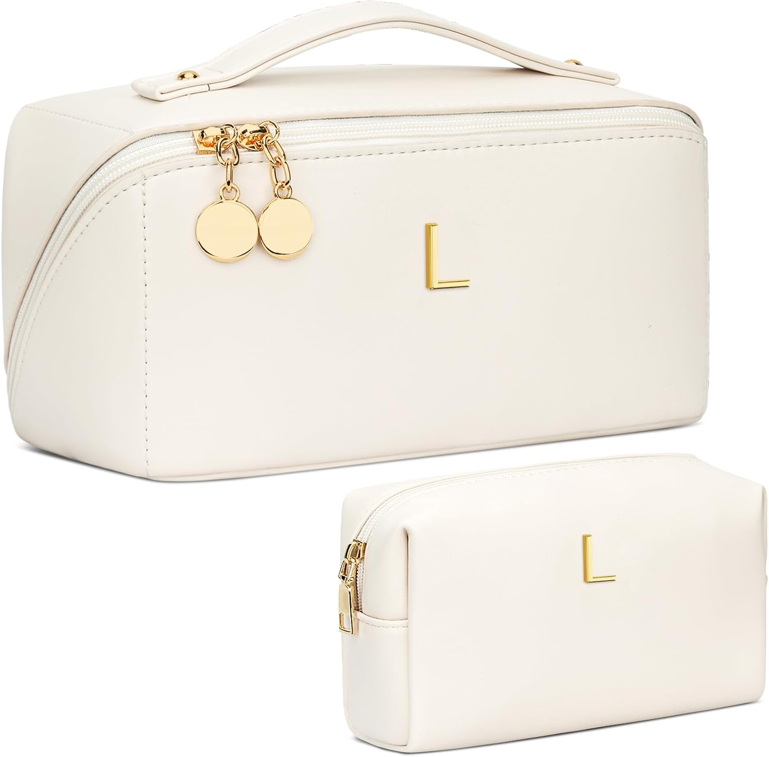 Detalle de CLOUDWINGS Personalized Initial Makeup Organizer Bag Set for Women & Teen Girls (Open-Flat Travel Cosmetic Bags)