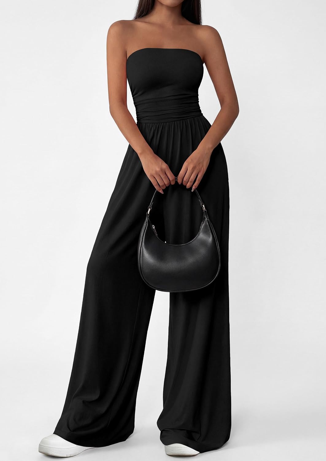 Detalle de PRETTYGARDEN Womens Trendy Strapless Rompers 2026 Ruched Tube Top Wide Leg One Piece Jumpsuits