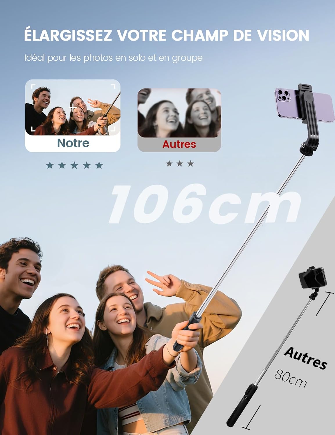 Detalle 2 de ANXRE Perche selfie trépied 106 cm pour smartphone 🎥