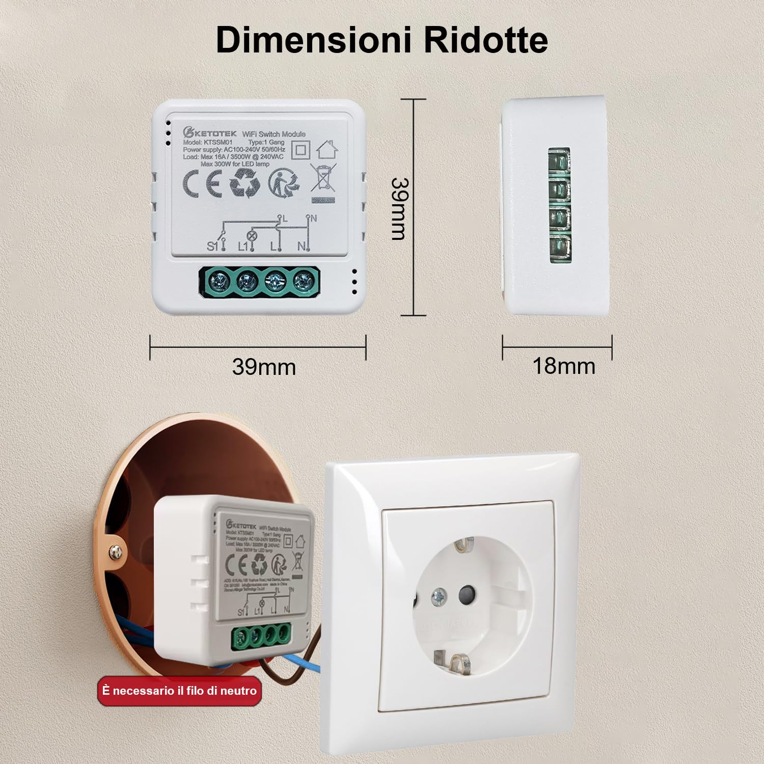 Thumbnail 2 de KETOTEK Relè Interruttore Smart WiFi 16A 1 Gang/1-2 vie con Alexa (richiede filo di neutro)