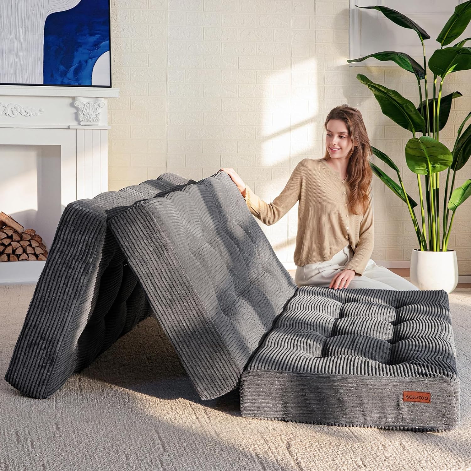 Detalle de MAXYOYO Folding Mattress: Comfy Corduroy Tri-Fold King Bed for Guests