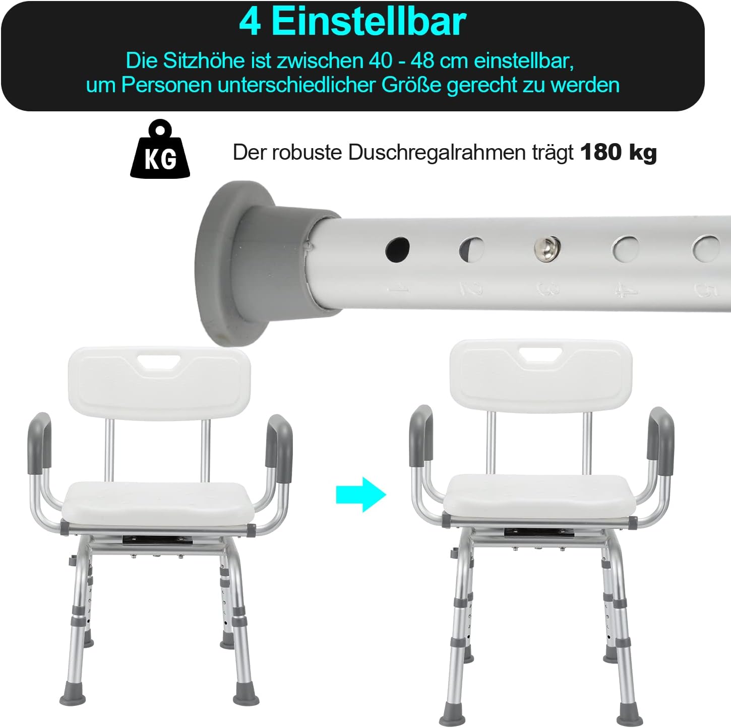 Thumbnail 3 de Sonnewelt sgabello da doccia girevole a 360° con schienale, bracciolo e altezza regolabile 40–48 cm