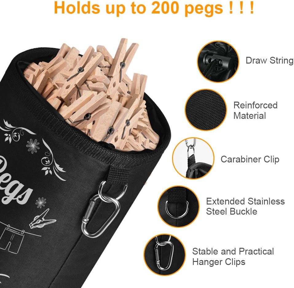 Thumbnail 2 de Vicloon Premium Peg Bag, Black Large Clothespin Bag with Drawcord Closure and Hanging Snap Hook